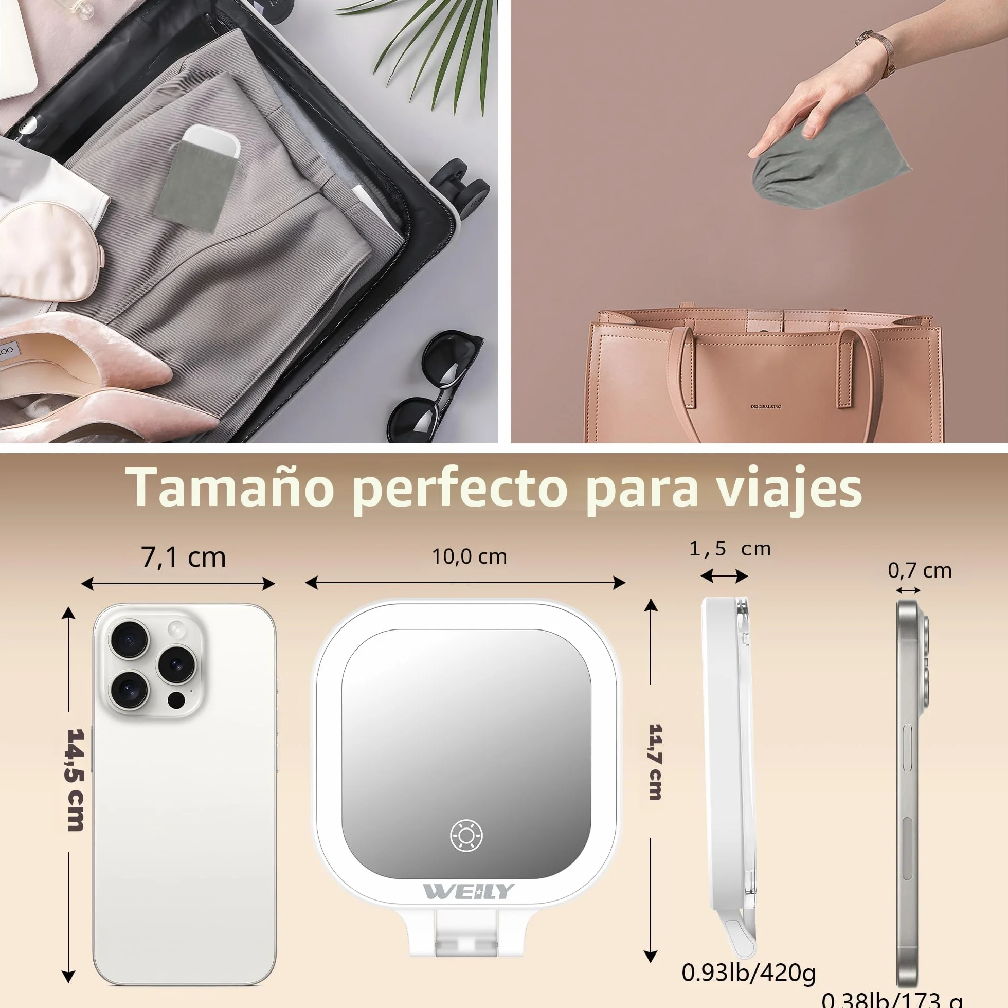 WEILY Espejo Maquillaje con Luz, 1X/10X Doble Cara Aumento, Espejo de Viaje con 3 Luces de Color y Control Táctil, Recargable USB Blanco