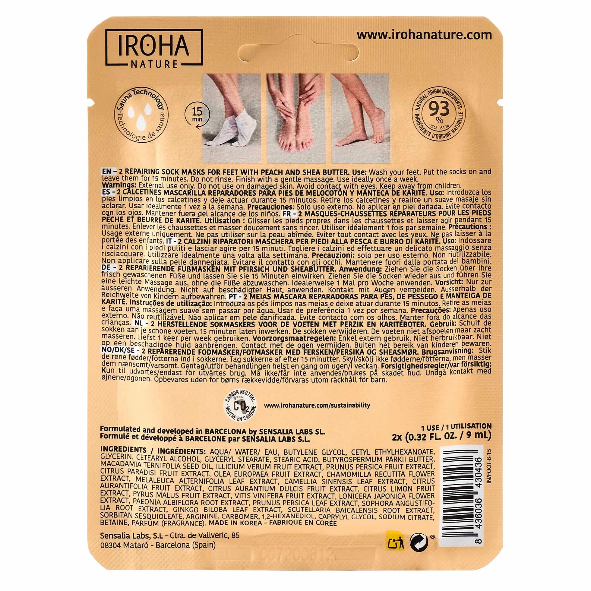 IROHA NATURE Calcetines Mascarilla Reparadores Melocotón Manteca Karité Hidratación Profunda Pies Secos Agrietados 100% Vegano