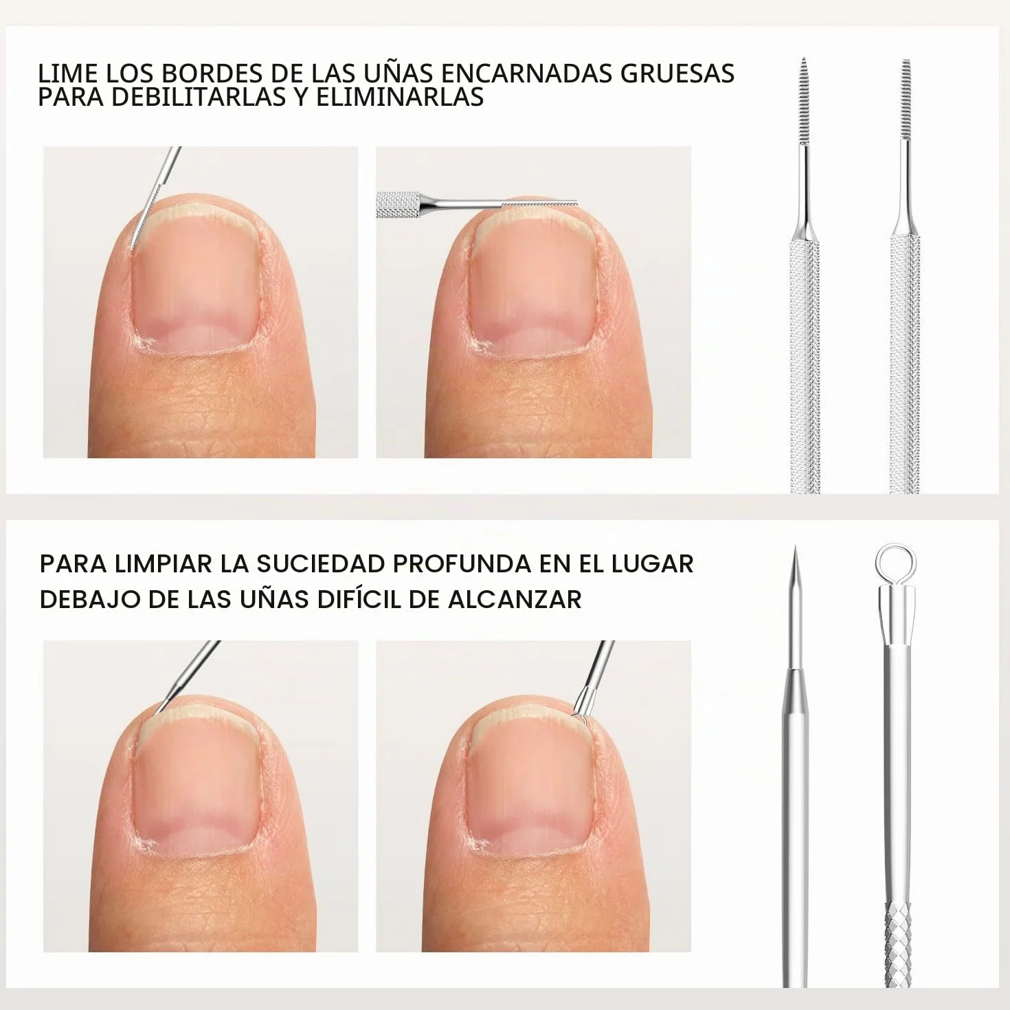 ZIZZON Juego de 7 limas y levantadores de uñas encarnadas de acero inoxidable