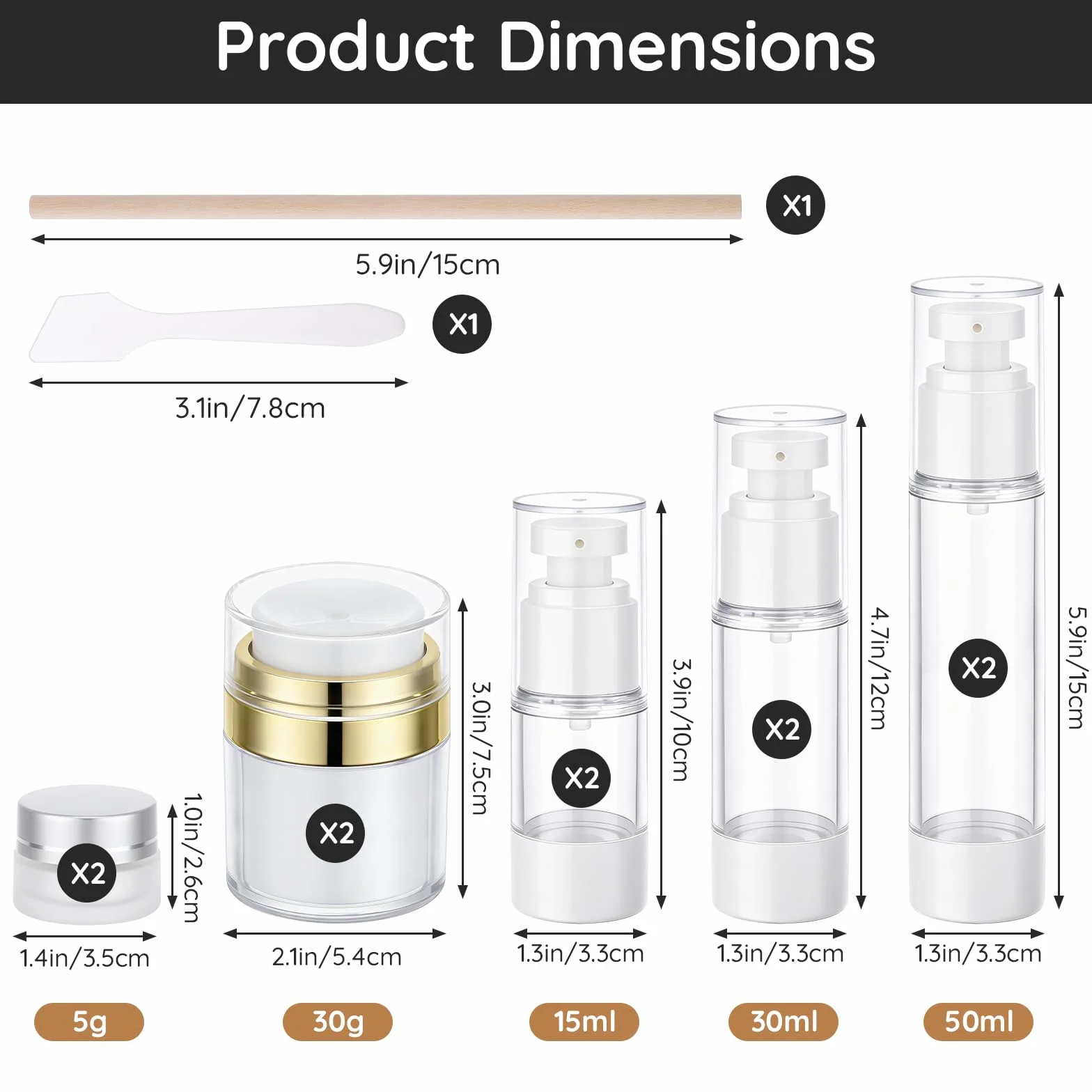 Segbeauty Dispensador de Crema Facial, 2 Piezas 30g Tarro de Crema Airless, 6 Piezas Botellas de Loción al Vacío in 15ml 30ml 50ml, y 2 Piezas 5g Tarros Cosméticos para Viaje