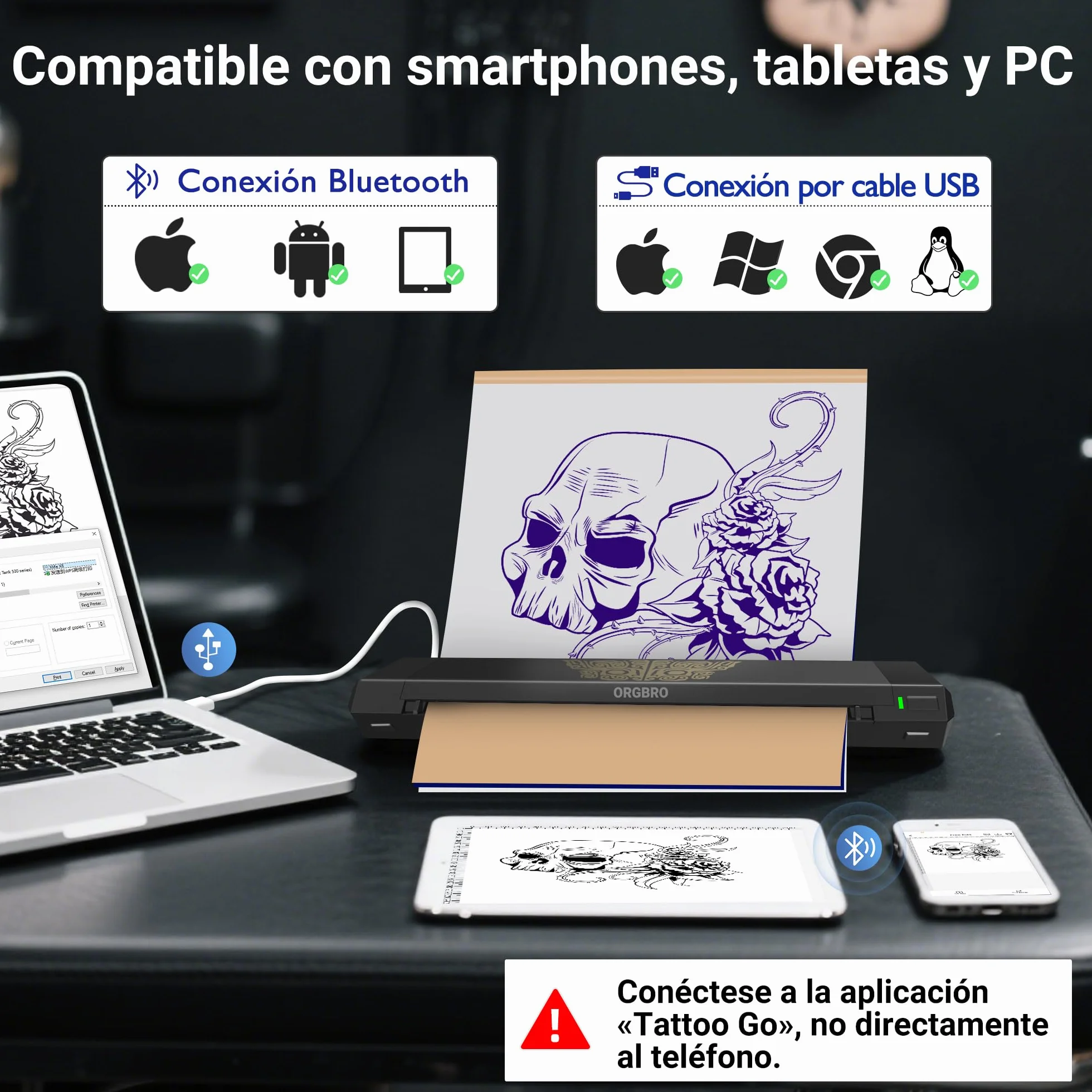 ORGBRO X8 Termocopiadora Tattoo, Impresora Térmica Tattoo Bluetooth con 30 Hojas de Papel de Transferencia, Maquina de Tatuar para Principiantes y Artistas del Tatuaje, Compatible con TeléFonos/Pc