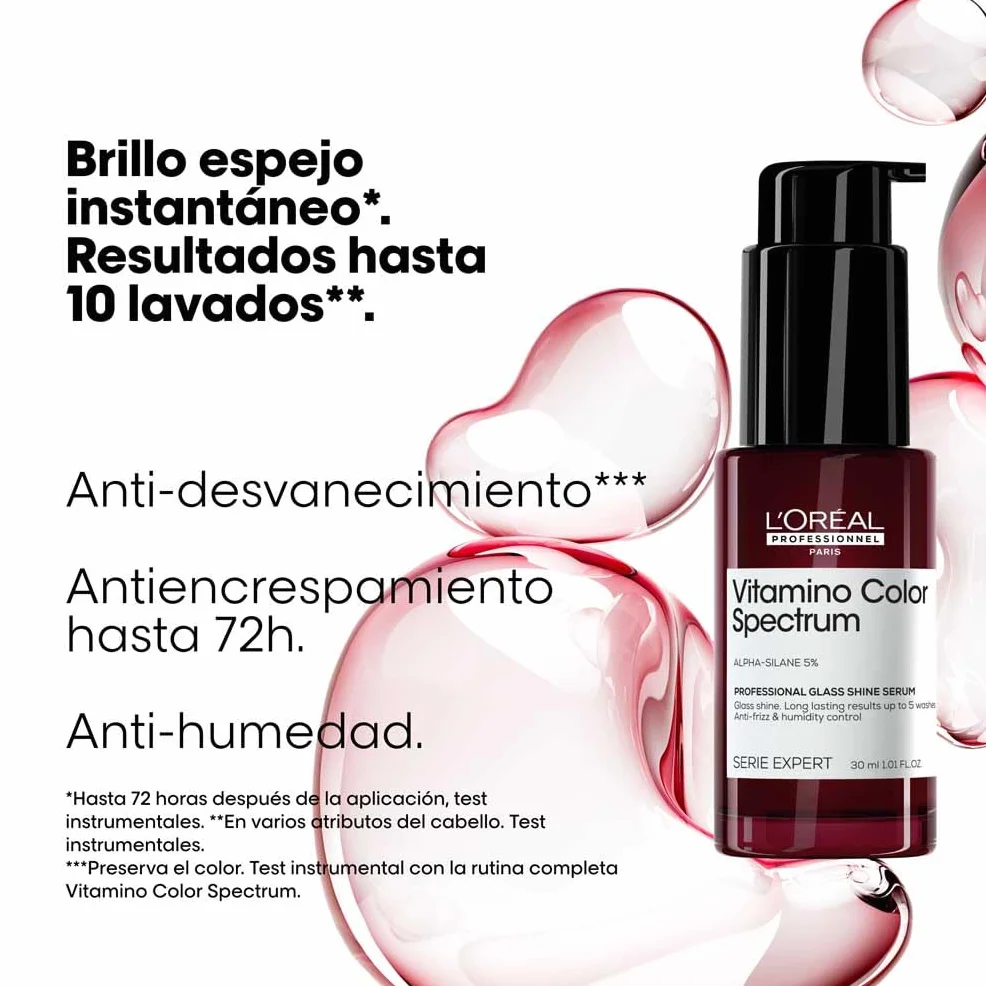 L'Oréal Professionnel Serie Expert Vitamino Color Spectrum Serum Glass Shine, Tratamiento Profesional Anti-frizz con Protección Térmica, Sin Aclarado, Brillo hasta 10 Lavados, Cabello Teñido, 30 ml