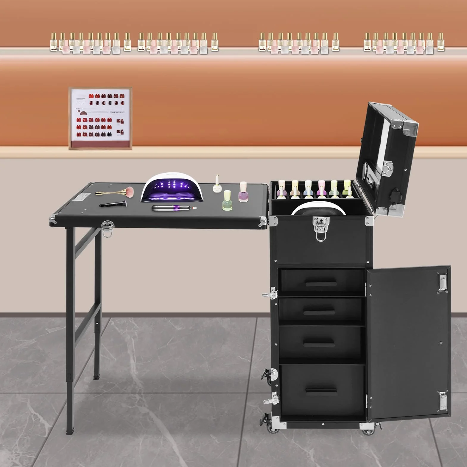 Mesa de manicura, mesa de uñas plegable con 4 cajones y mando a distancia, mesa de manicura móvil enrollable como estación de maquillaje temporal para salón de belleza (negro)