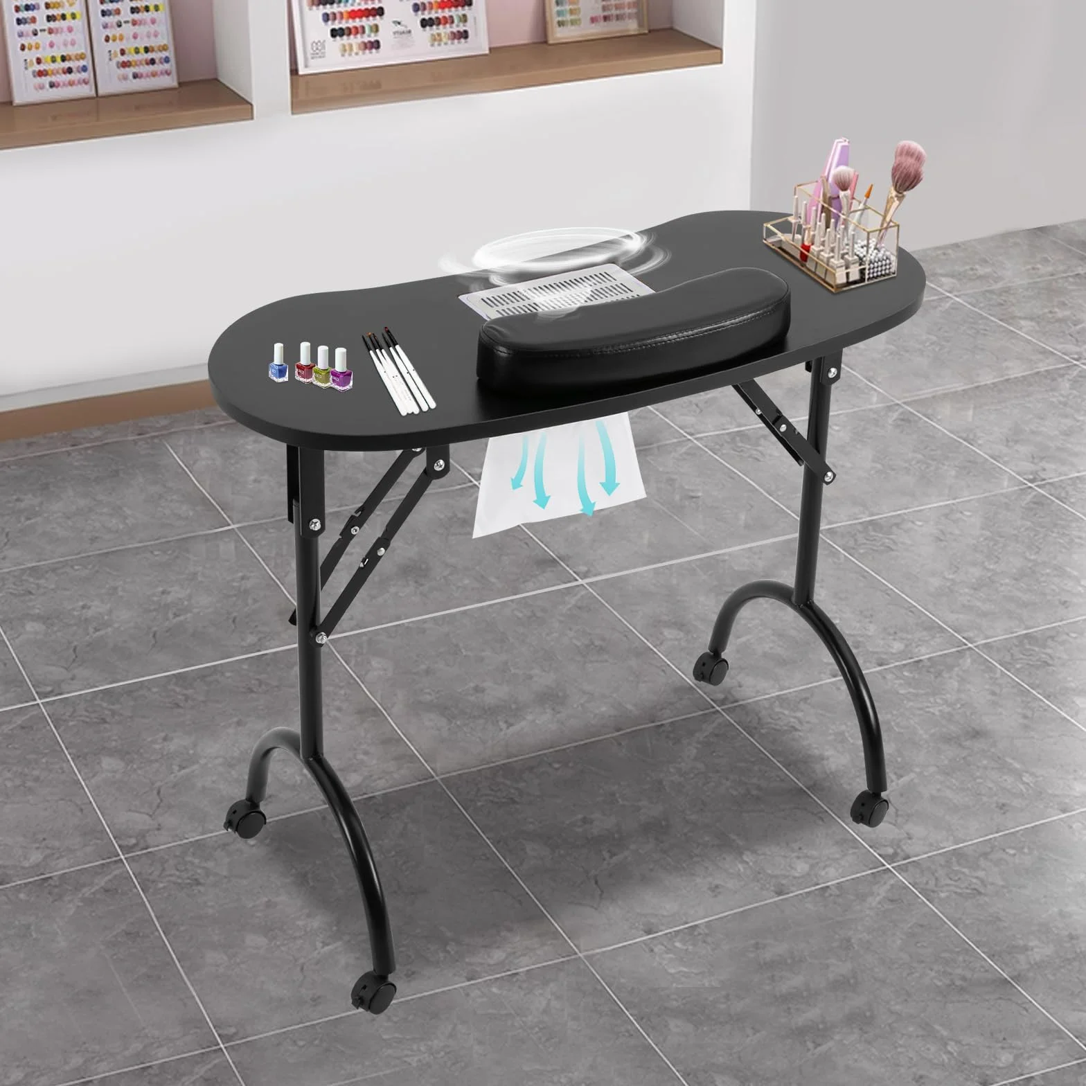 Mesa de manicura plegable con aspiración, mesa de manicura portátil con ruedas y cojín para la muñeca, mesa de manicura portátil para corte de cabello, cosmética y cuidado de uñas