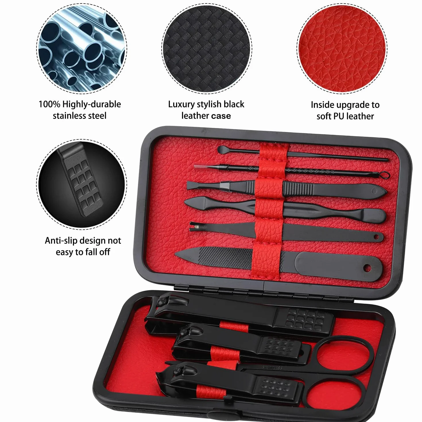 Juego de manicura cortaúñas profesionales acero inoxidable 10 en 1 negro con estuche de viaje