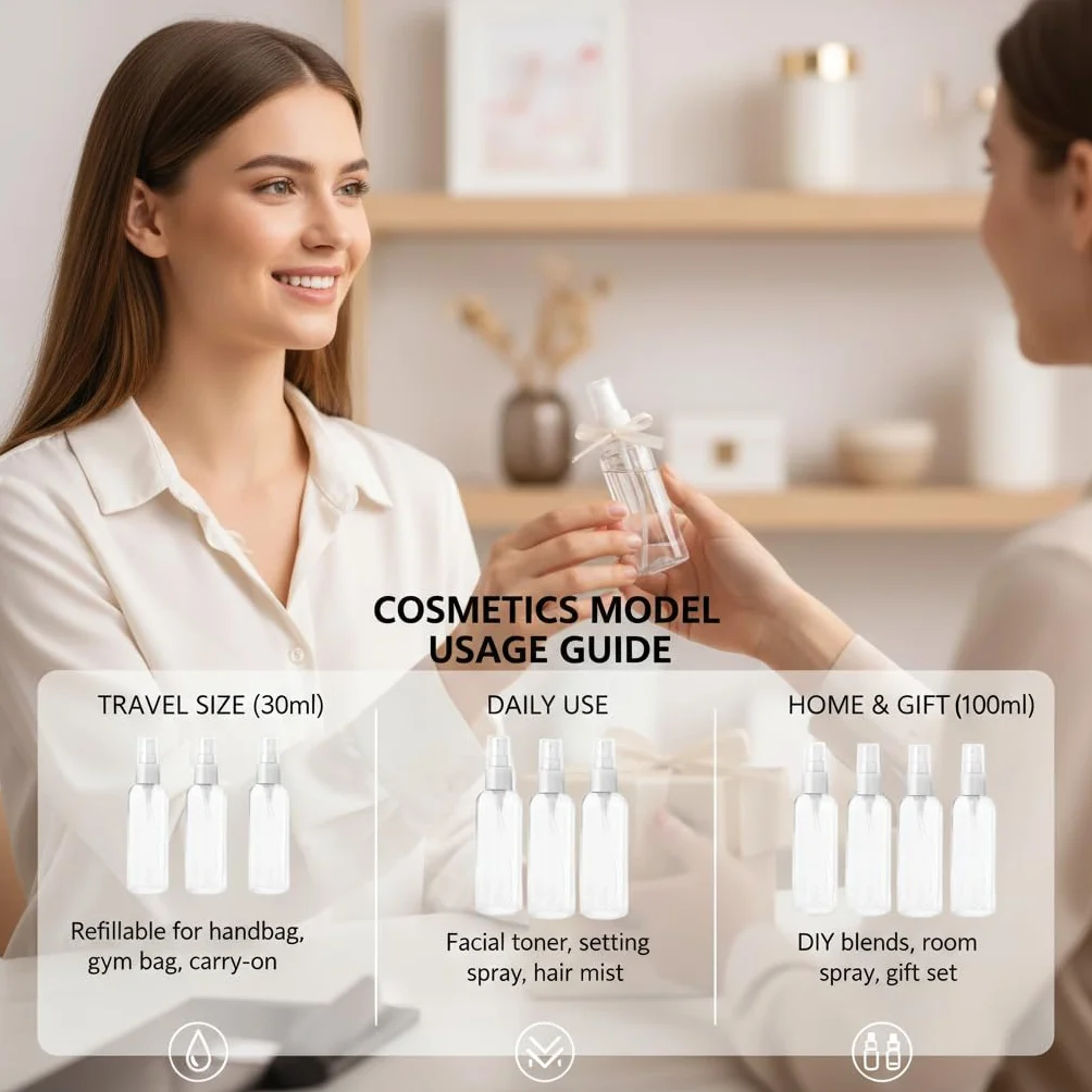 Botellas de plástico transparente 30 ml 60 ml 100 ml spray de niebla fina belleza
