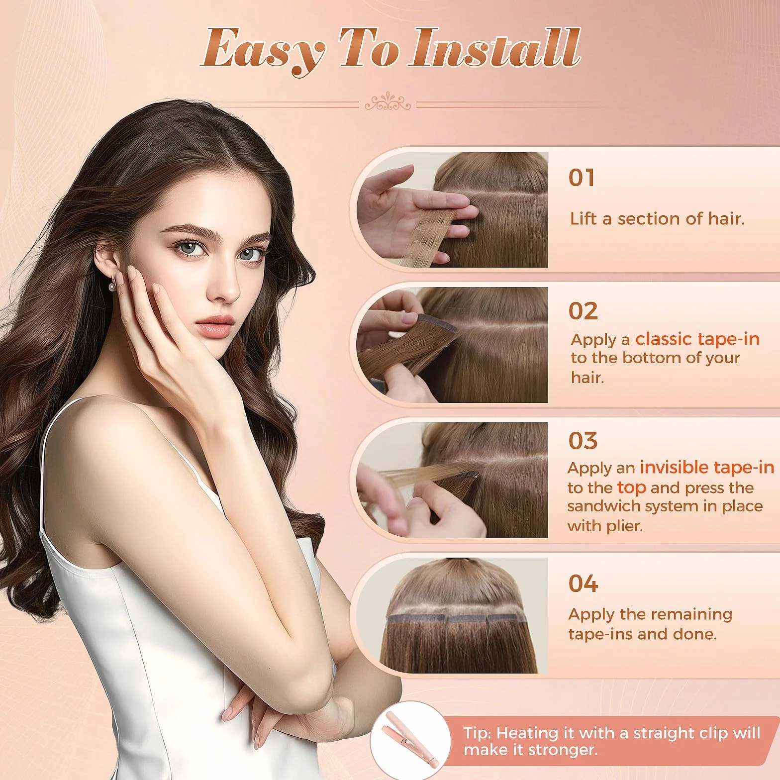 MY-LADY 10Piezas Extensiones Cabello Humano Natural Liso 50cm #02 Marrón Oscuro 25g