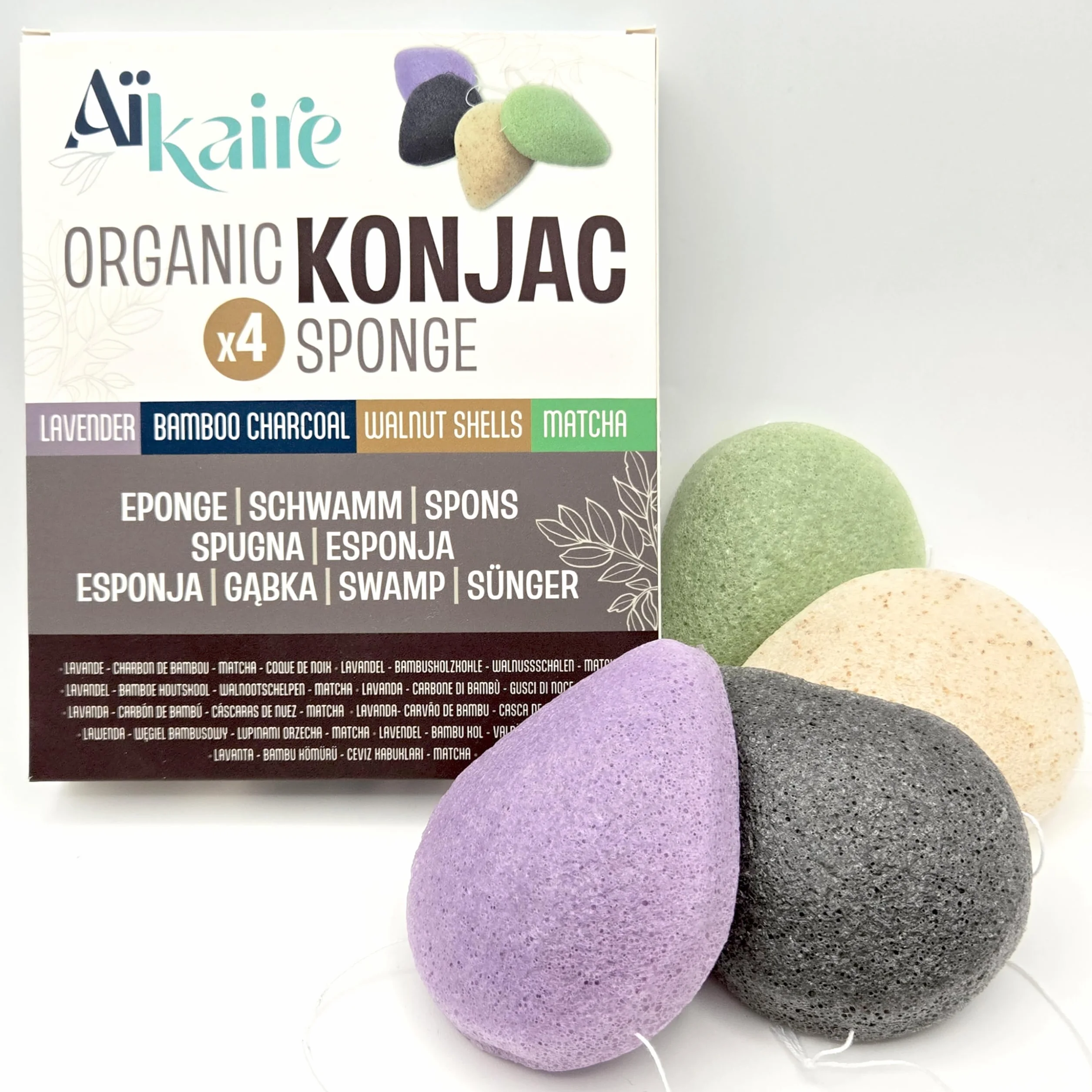 Esponjas faciales de Konjac té verde carbón vegetal lavanda cáscaras de nuez Juego de 4 gotas limpiadora natural