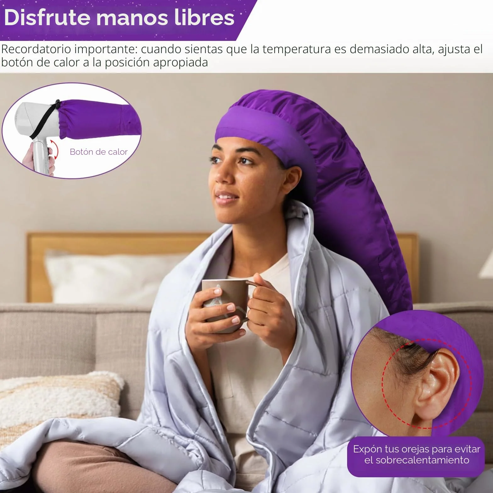 TEPENAR Gorro Secador para Cabello: Capucha Extra Grande Ajustable y Suave para Pelo Rizado - Secado Rápido - Morado