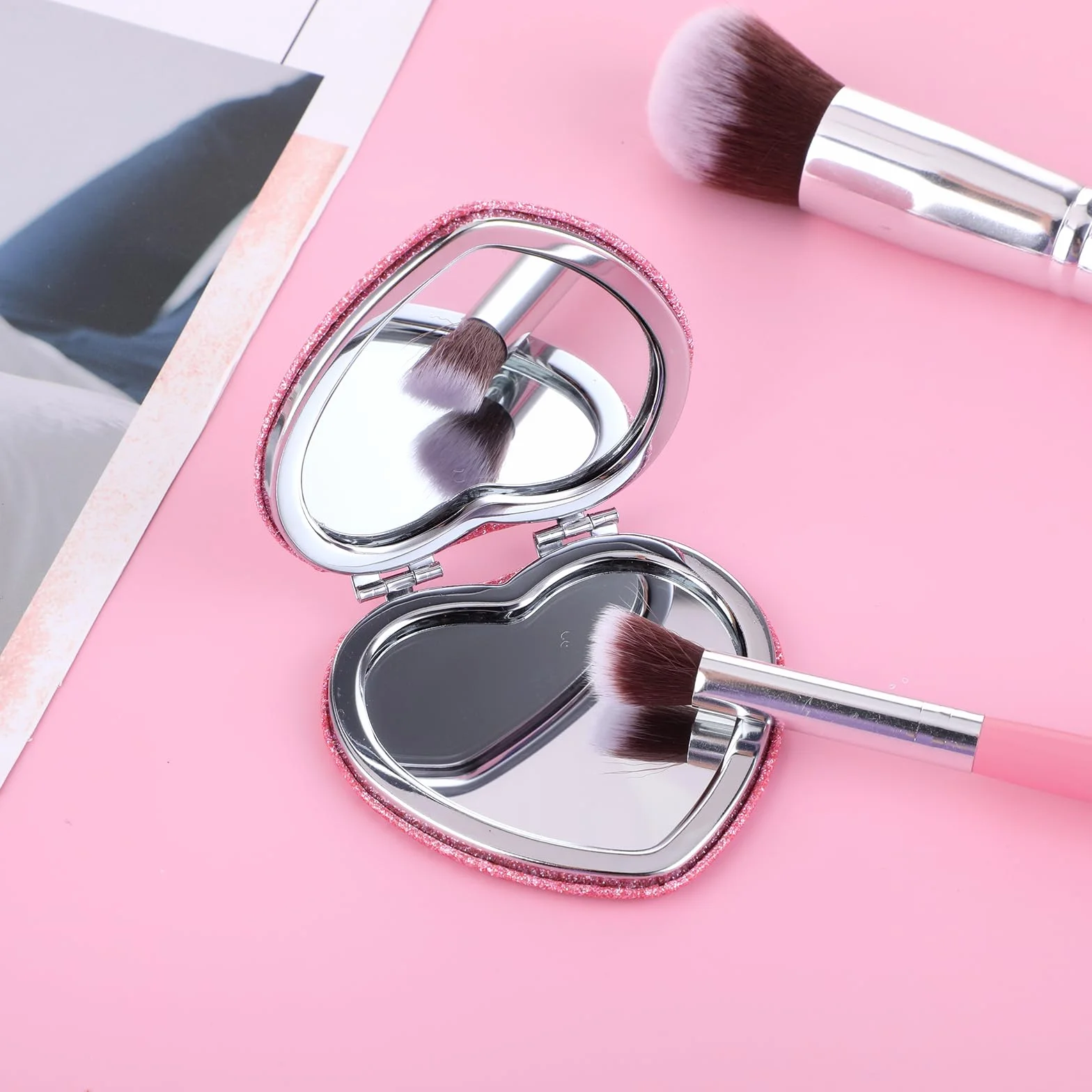 Espejo plegable compacto en forma corazón con aumento portátil doble cara maquillaje viaje bolso mujer