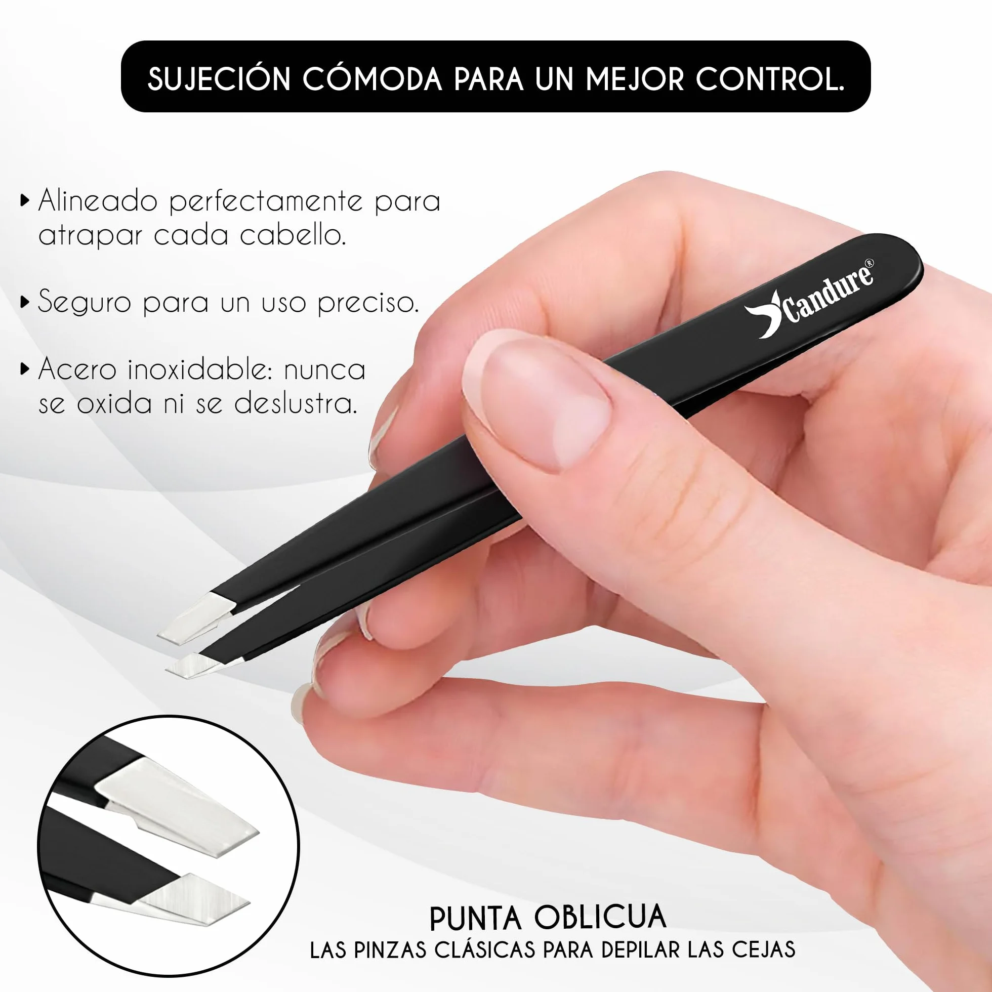 Candure Pinzas Depilar Acero Inoxidable Punta Oblicua para Cejas Vello Facial y Mentón