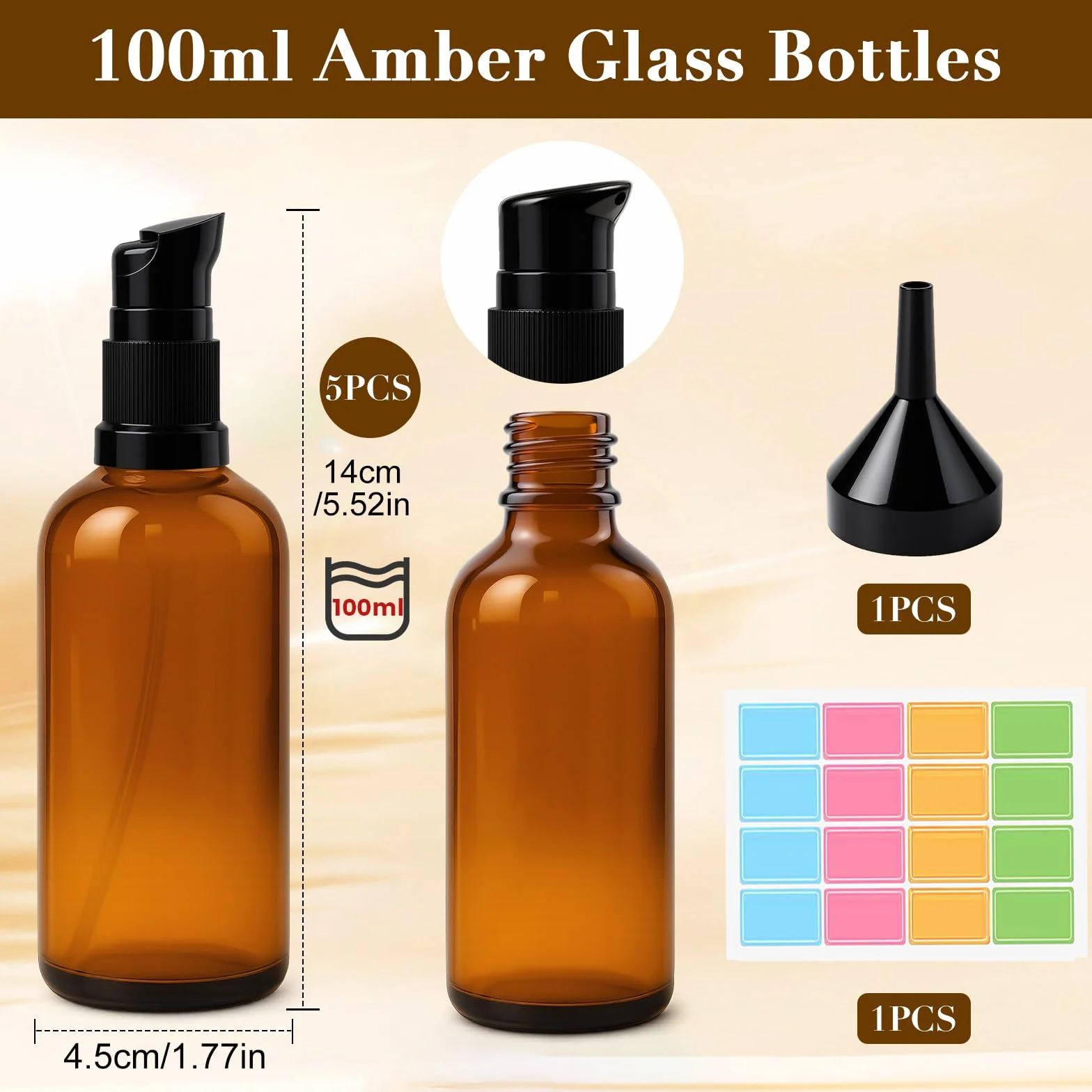 Botellas de Vidrio Marrón Vacías 100ml con Bomba, Dispensadores de Vidrio Ámbar con Embudo y Pegatinas para Aceite Esencial (5pcs)
