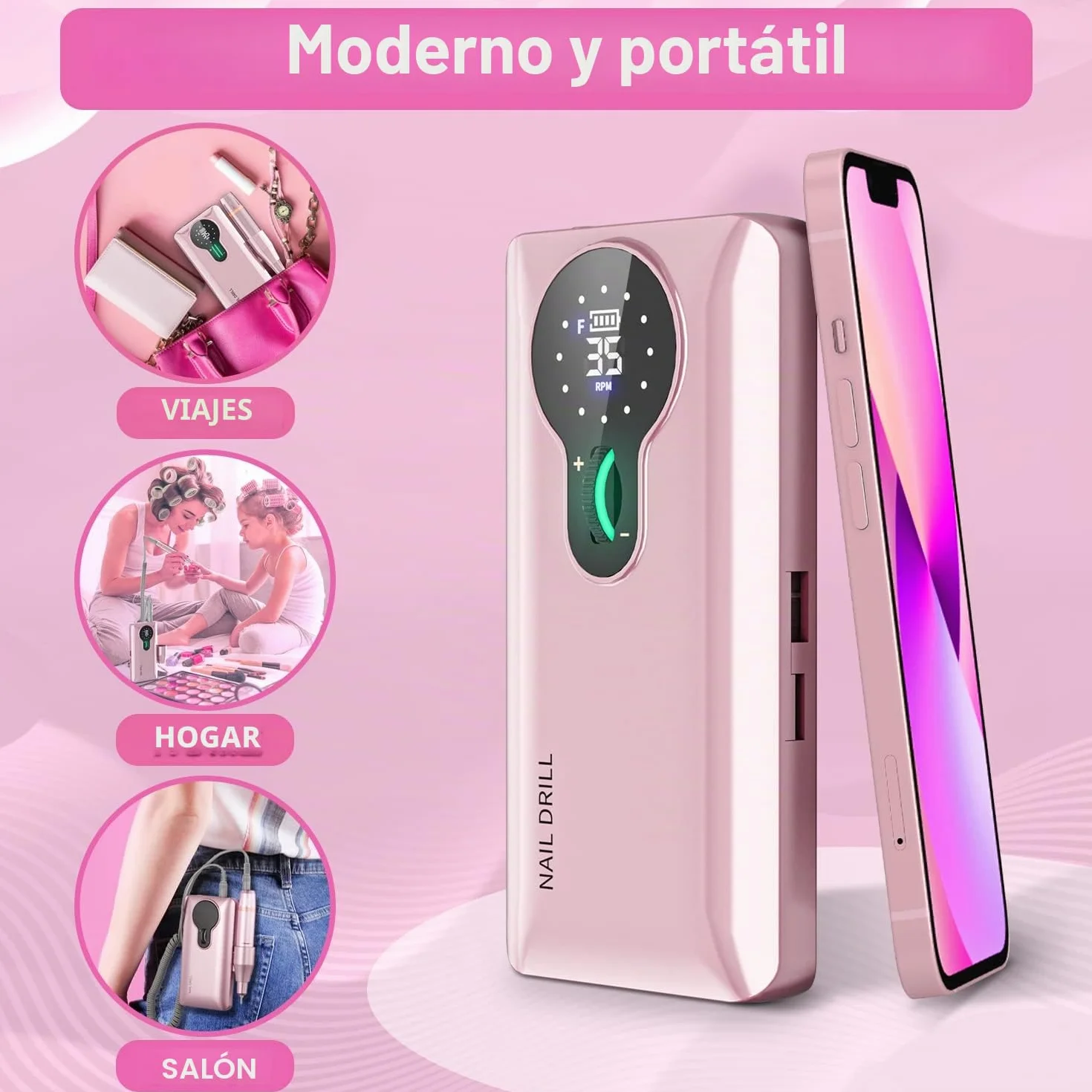 Torno para Uñas Profesional 35000 RPM, Autonomía 20H Lima Eléctrica Inalámbrica para Uñas de Gel y Acrílico, Kit con 13 Brocas y 56 Bandas de Lija, Pantalla LCD, Rosa (S506)