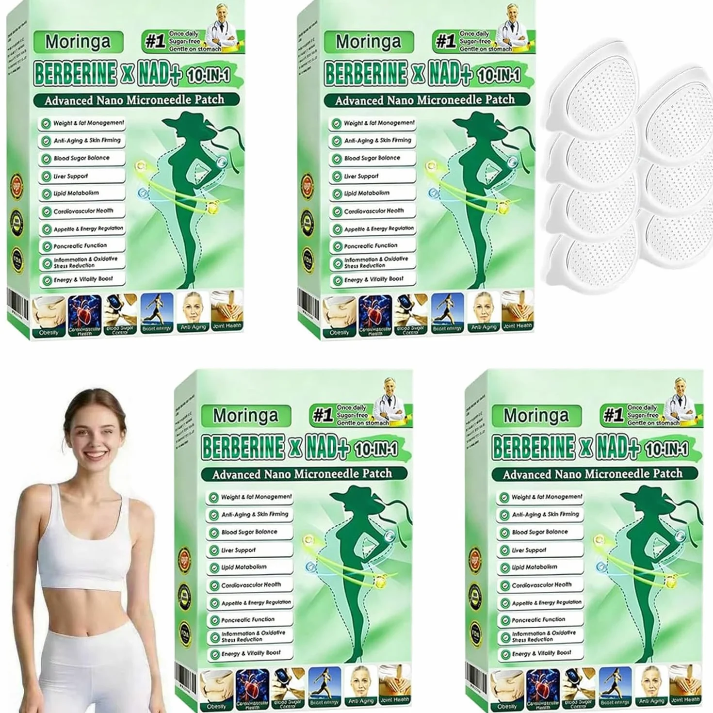 Moringa Parches para Adelgazar con Berberina, Parche Nano Microneedle Adelgazador 28 Piezas 10 en 1