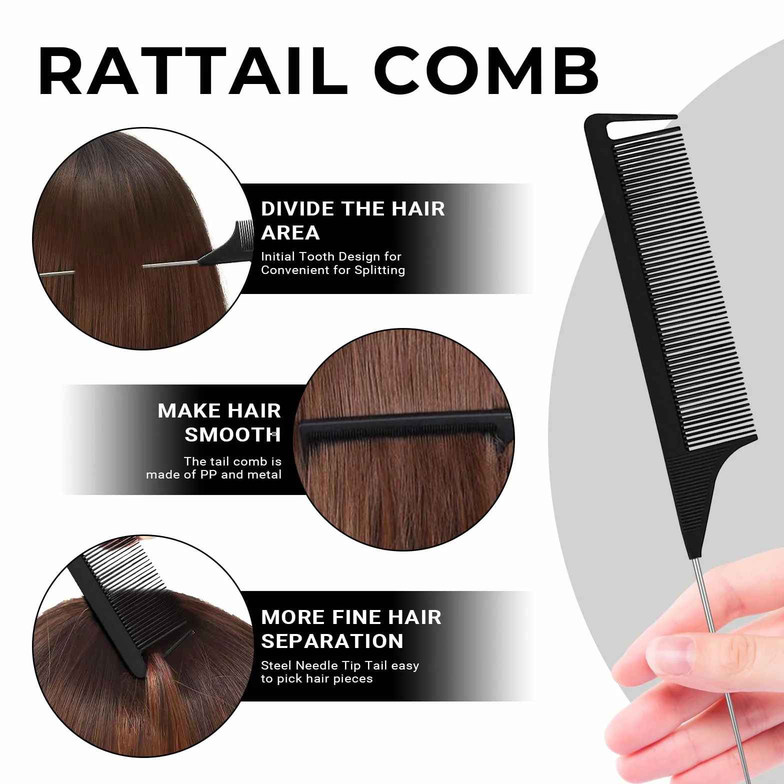 Set de Peinado: 3 Piezas Aguja para Cabello, Peines de Cola, Pasadores para Trenza Plana, Negro