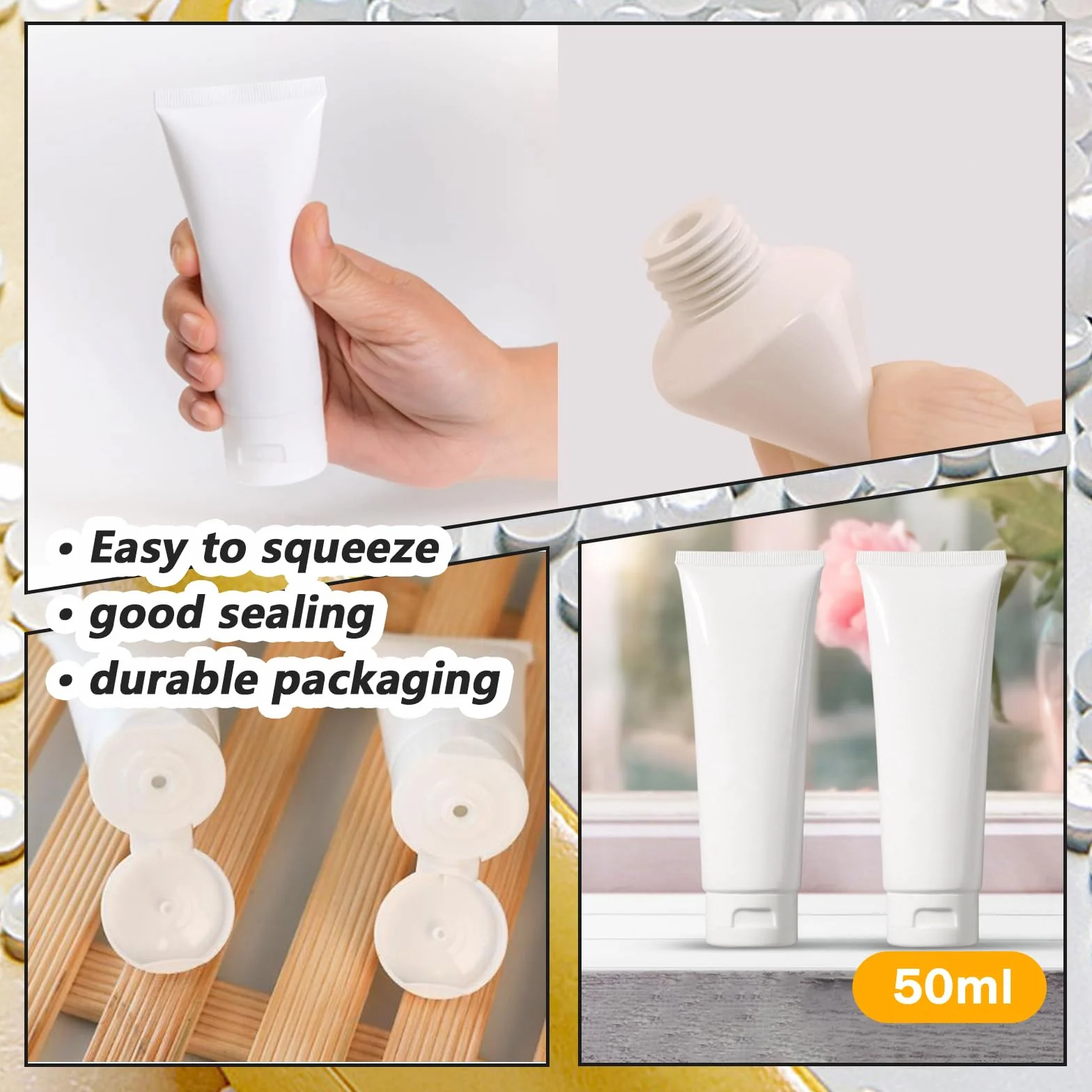 Tubos Plásticos Blancos 50ml para Loción Cosmética, Botellas Compresión Rellenables, Muestras Viaje