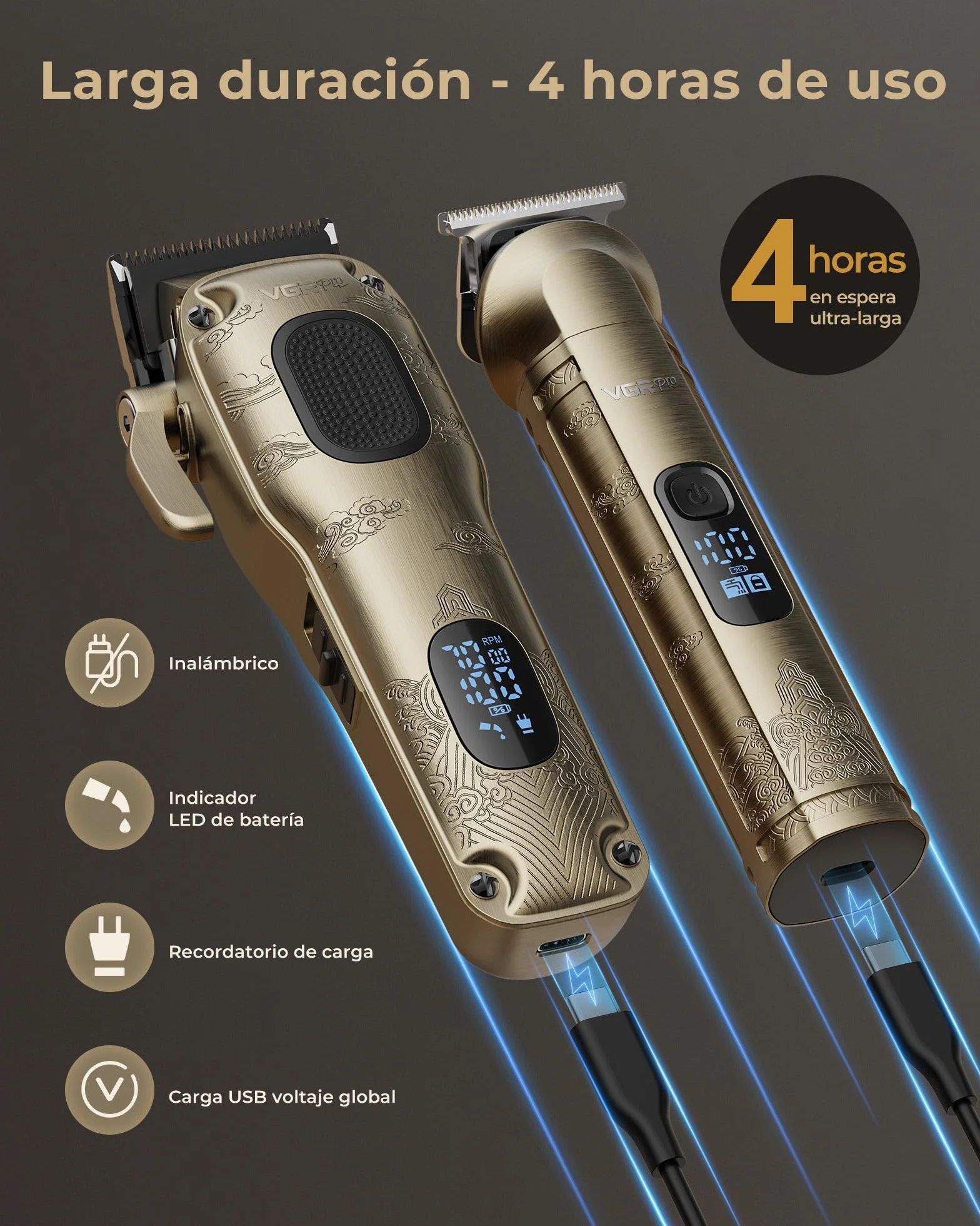 VGRPRO Profesional Cortapelos Hombre Inalámbrico Kit Cortadora de Pelo y Trimmer con Caja de Embalaje Dorado