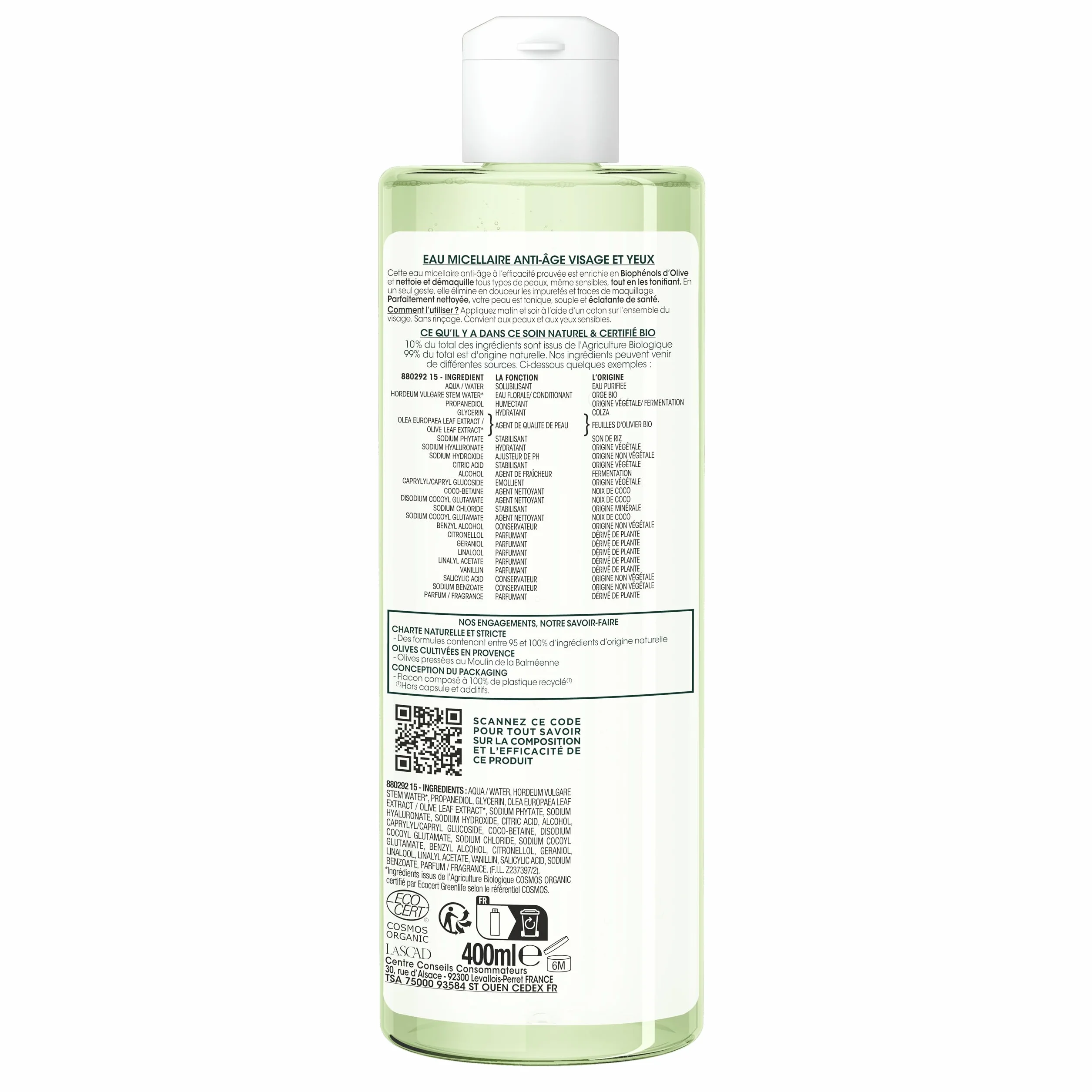 La Provençale Bio Micellaire Anti-Age Visage/Yeux Certifié Bio Huile d'Olive AOC Provence 400 ml
