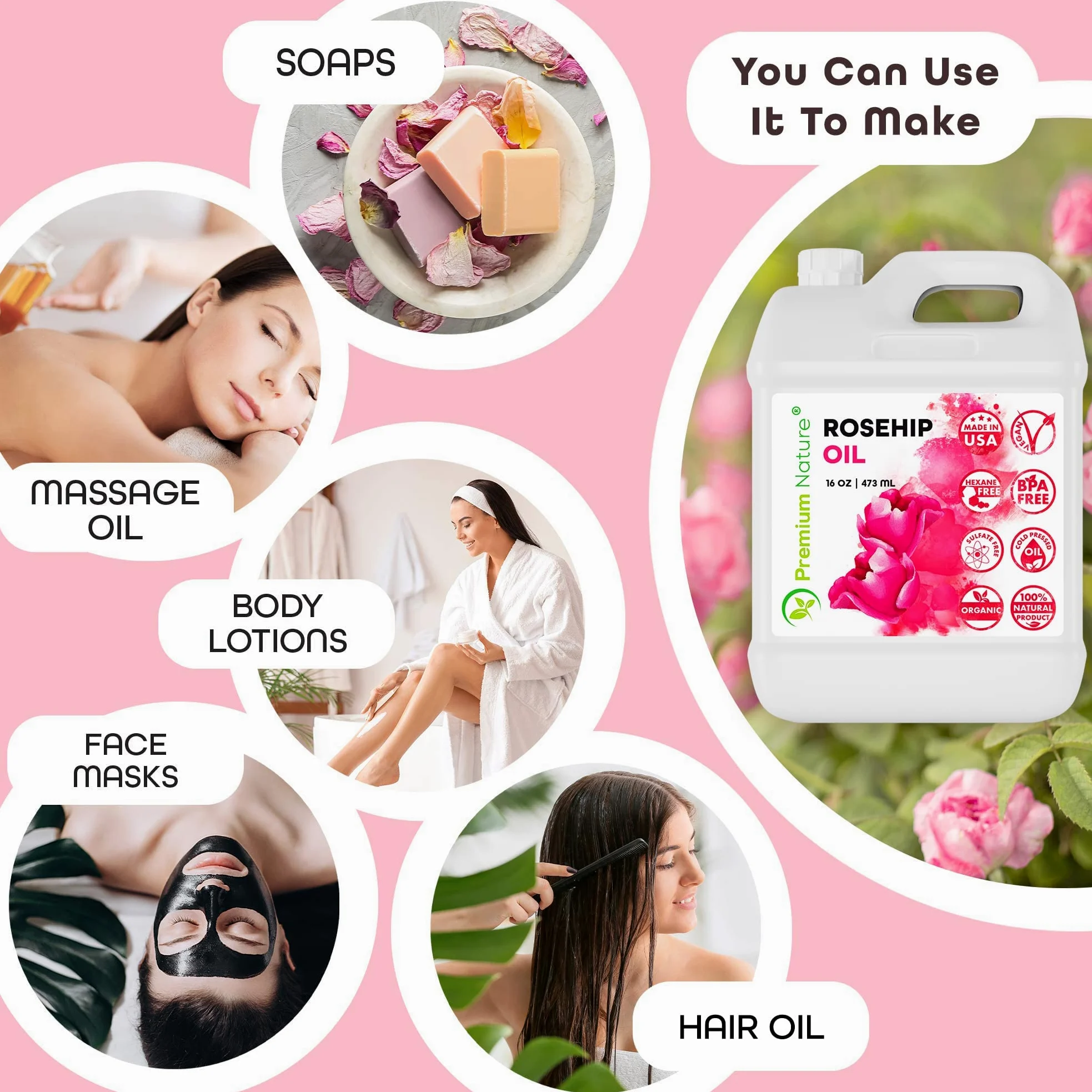 Aceite de rosa mosqueta para piel, cara, cuerpo, cabello, uñas, prensado en frío, sin refinar, aceite de rosa mosqueta, hidratante, masa, aceite de rosa mosqueta puro, 100 aceite de rosa mosqueta