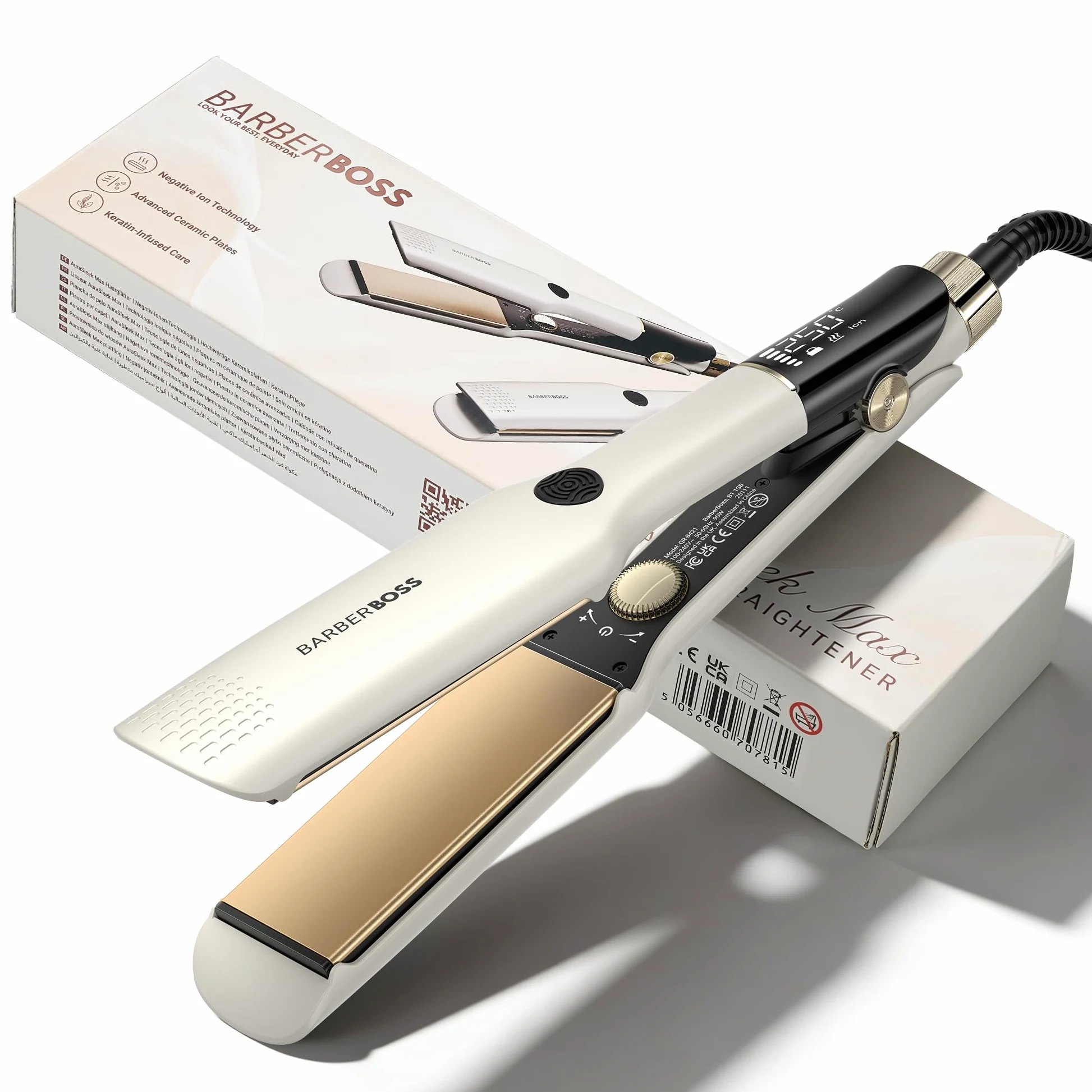 BarberBoss Plancha con tecnología cerámica flotante, alisador placas planas, alisador profesional para un peinado suave y sin encrespamiento, iones negativos y cuidado queratina (QR-8421, Blanca)