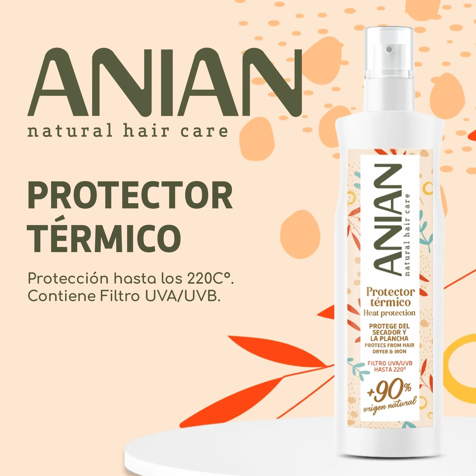 ANIAN Protector de Calor para el Pelo 250 ml Filtro UVA UVB Protege hasta 220º