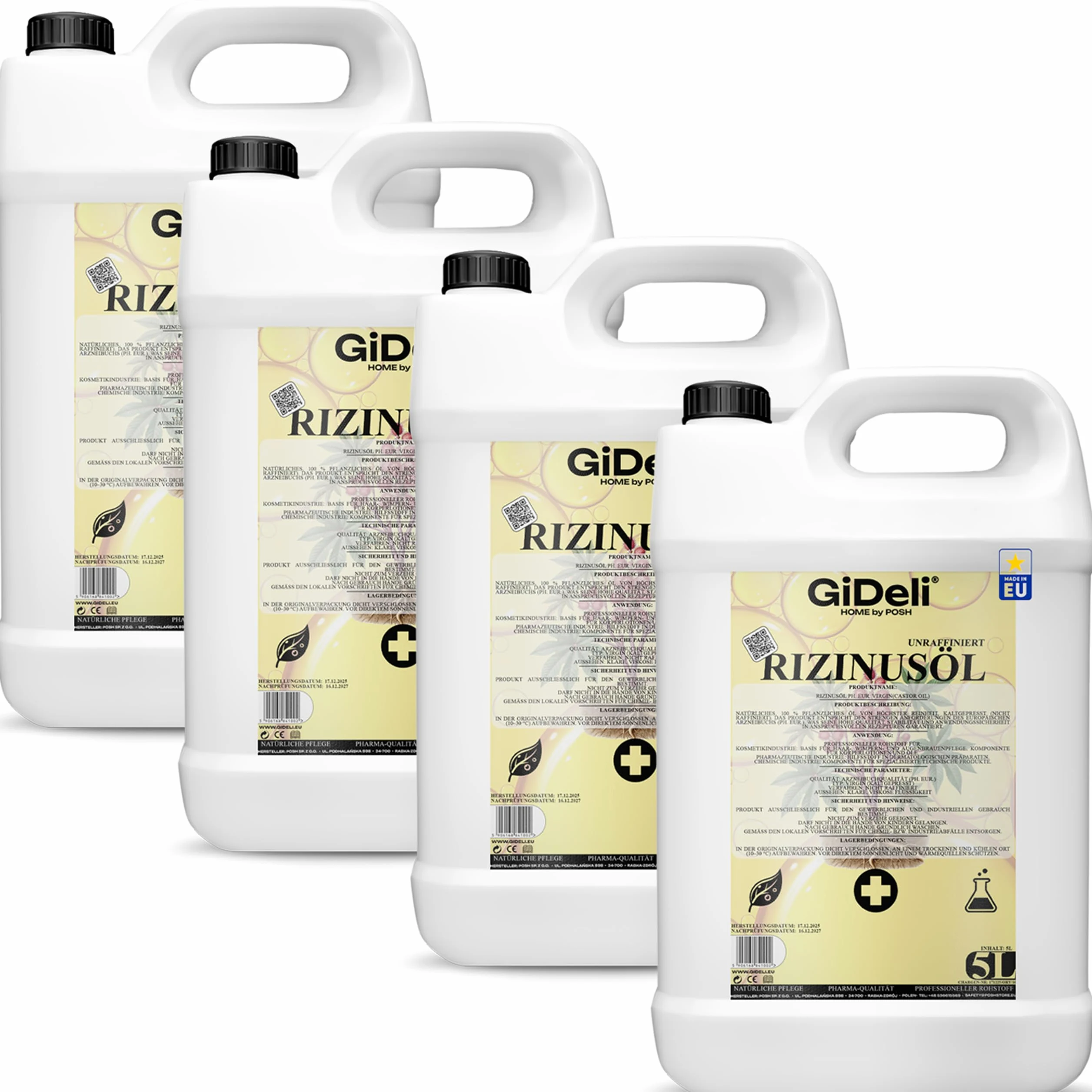 GiDeli Aceite de ricino prensado en frío, 4 x 5 l, puro aceite de ricino en Ph. Eur. Calidad para cabello, pestañas y piel – Aceite de cuidado sin refinar como base para cosméticos naturales DIY – Sin