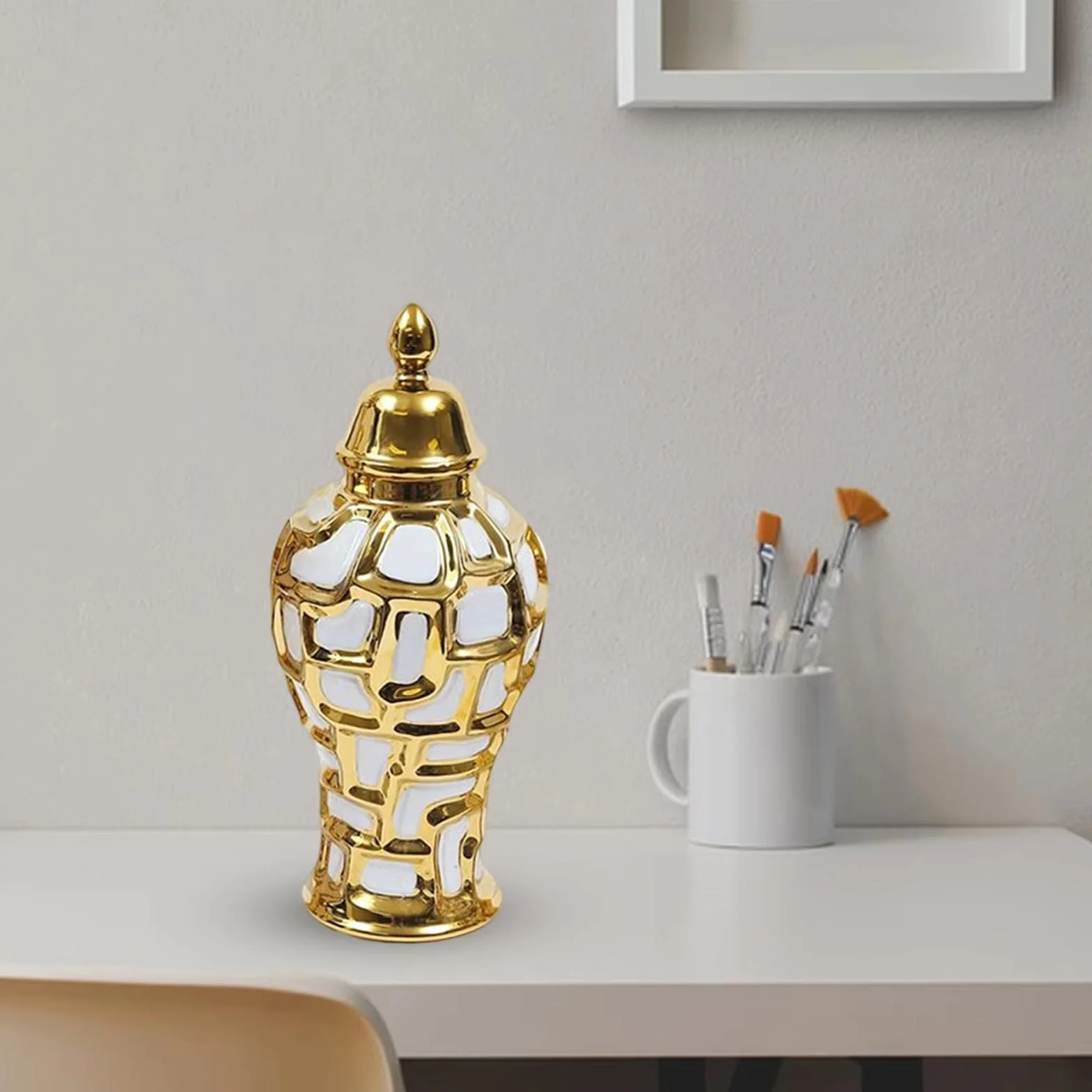 Florero de cerámica con abovedada, Recipiente para cosméticos con galvanoplastia para Decoraciones del hogar y la Boda, Elegante Recipiente para tarros de