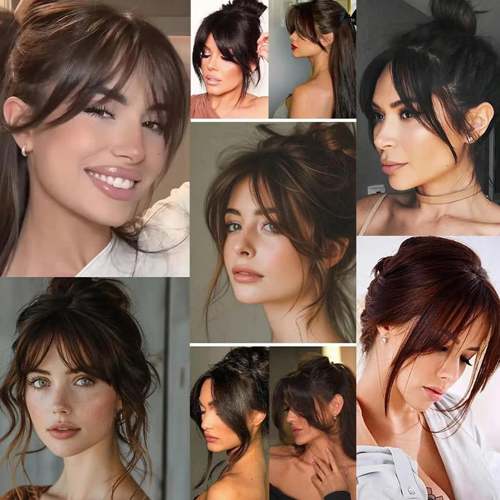 Flequillo Postizo Pelo Natural 3D Plano con Patillas Extensión Cabello Mujeres (Marrón-negro)