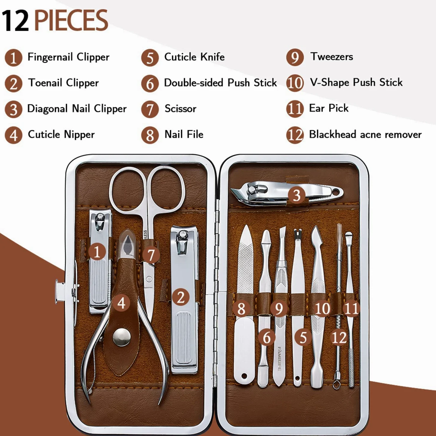 FAMILIFE Juego de manicura, kit profesional de manicura, kit de cortaúñas, 12 piezas de acero inoxidable, herramientas de manicura, juego de uñas con estuche de viaje de cuero marrón, regalos de lujo