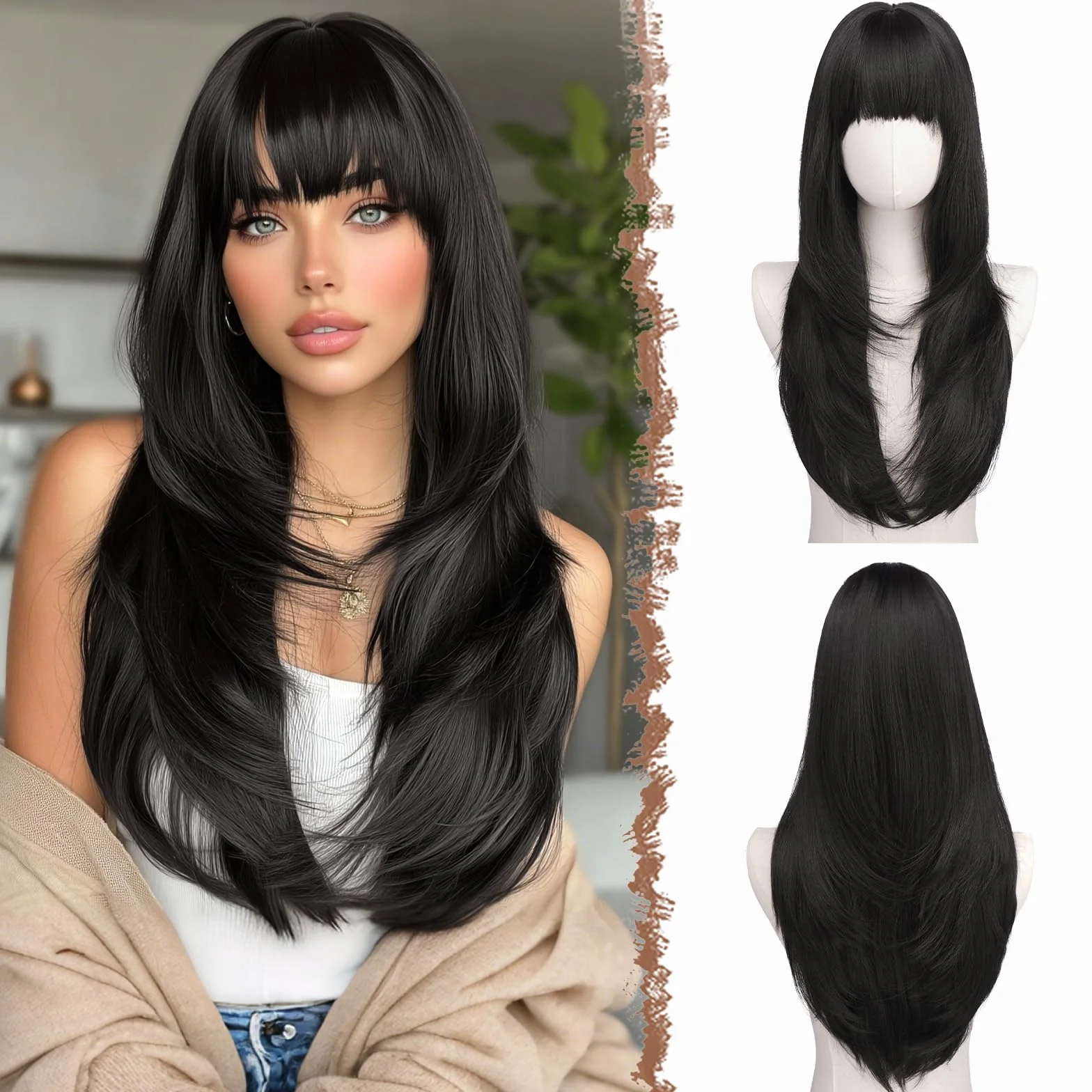 FESHFEN Peluca Liso con Flequillo Natural Larga Sintética 60 cm Negra