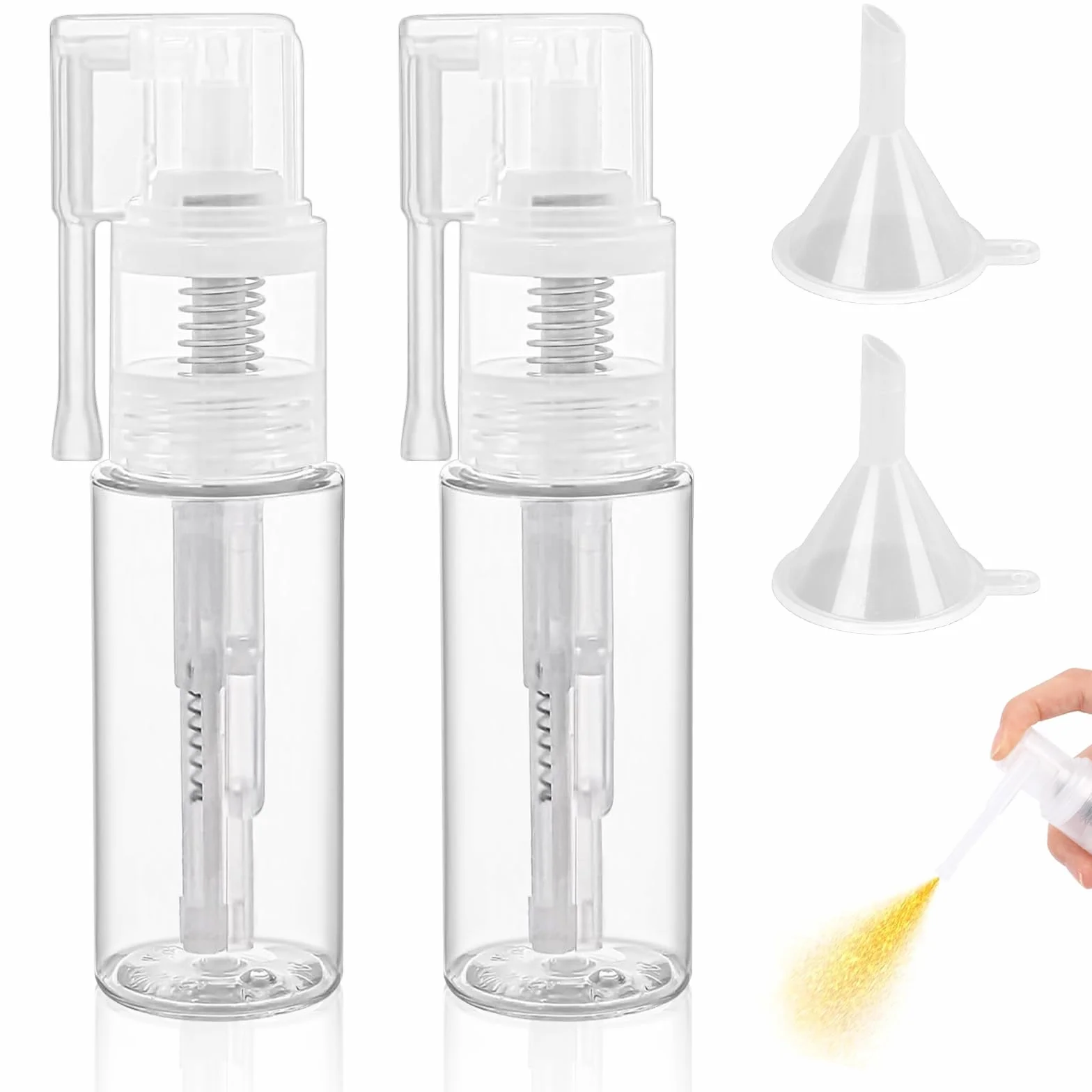 Pulverizadores de polvo con purpurina 50 ml, botella transparente con 2 embudos