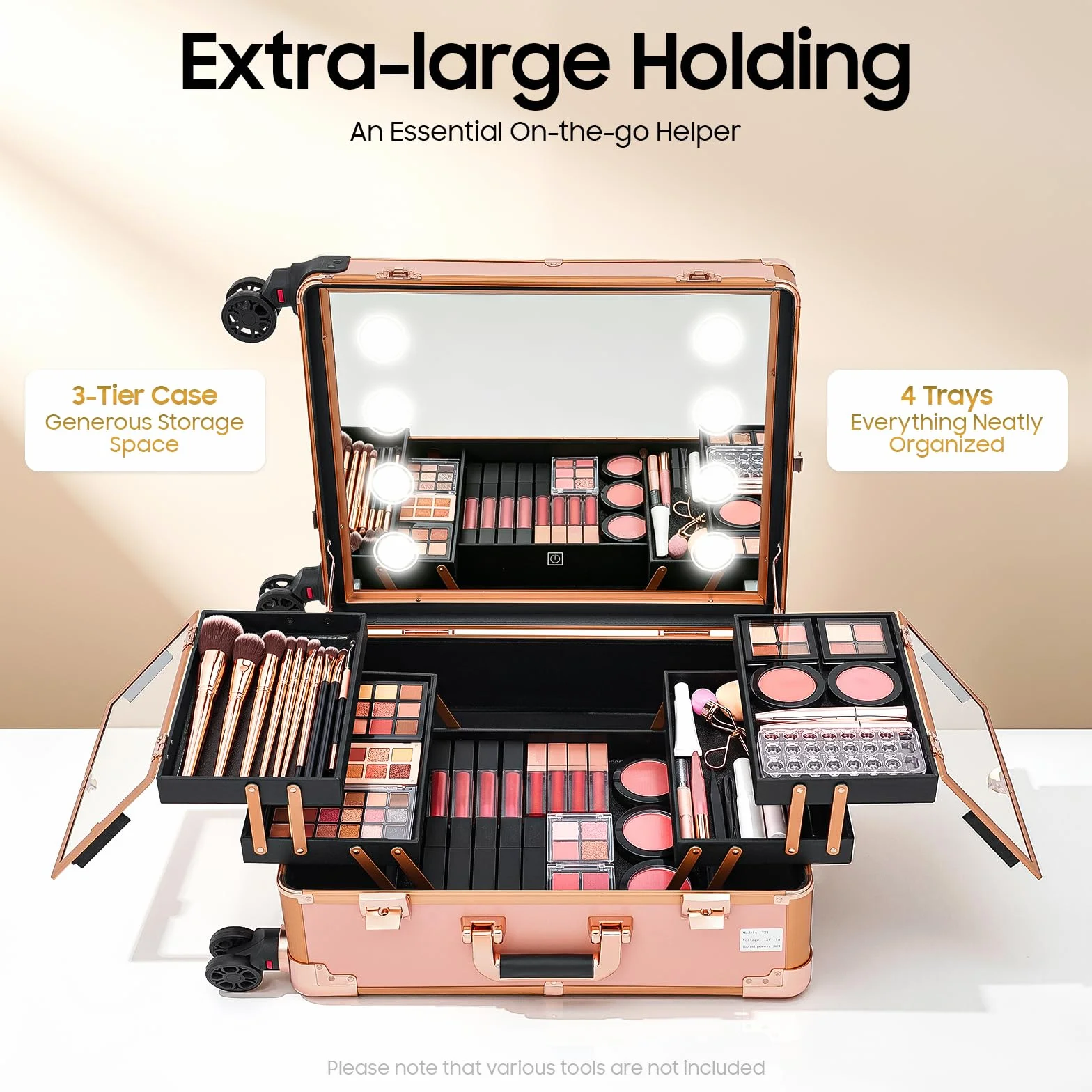 Maletín de Maquillaje Profesional con Luz LED y Espejo, Trolley de Maquillaje con Ruedas 360°, Patas Ajustables, Estación de Belleza Portátil para Maquilladores, Peluquería, Estética y Uñas
