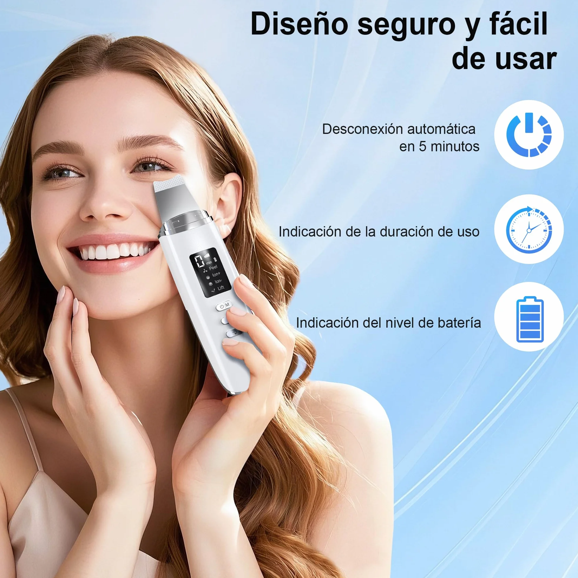 Peeling Ultrasónico Facial, Limpiador Ultrasonidos con 4 Modos e Intensidad Ajustable, Luz Roja y Azul, Skin Scrubber