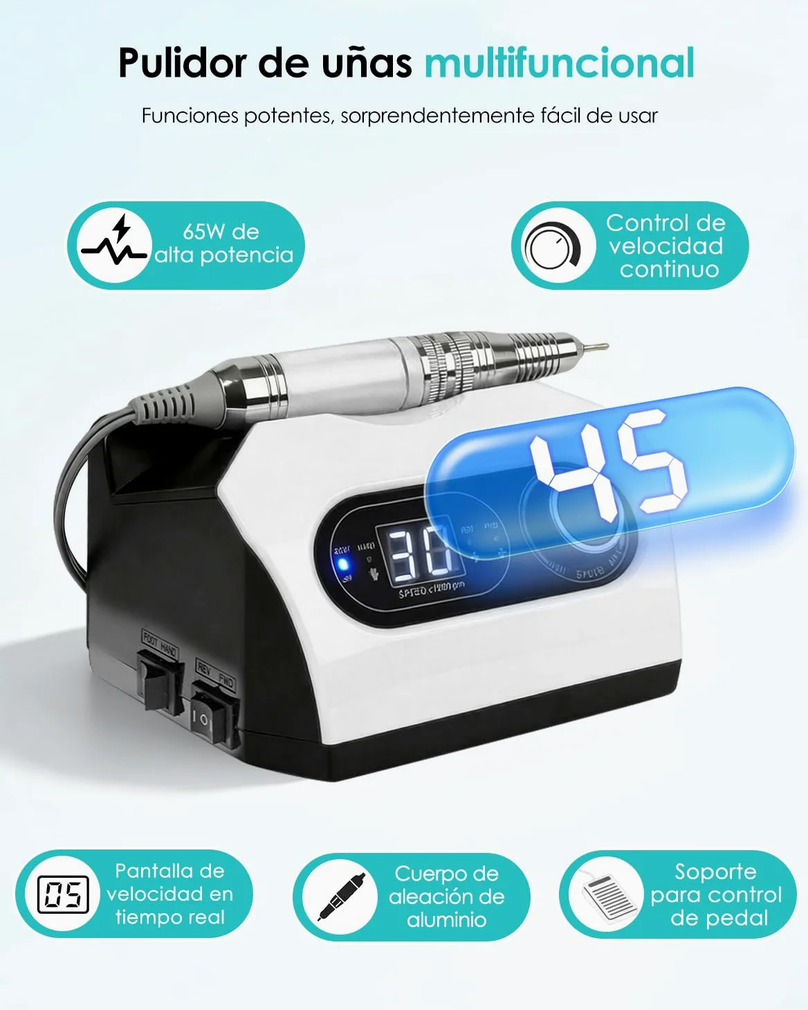 CozyZen Lima Eléctrica de Uñas Profesional 35000 RPM con Pedal | Máquina de Lijado de Uñas Enchufable con Pantalla LED, Control de Velocidad, 6 Fresas para Acrílico, Gel, Hogar y Salón