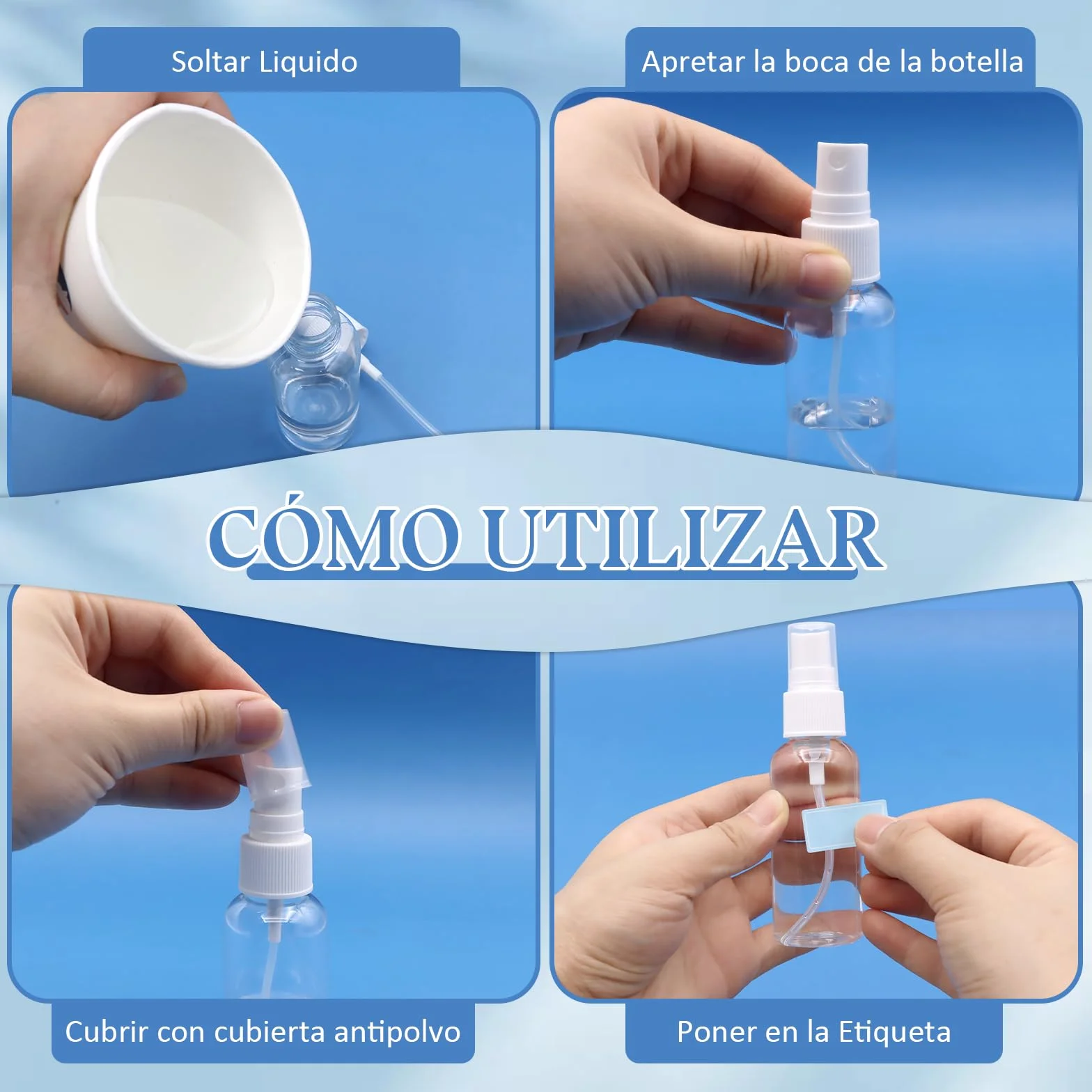 Botes Spray Pequeños 50ml Transparentes con Embudos y Etiquetas, Botellas de Viaje Rellenables para Cosmética