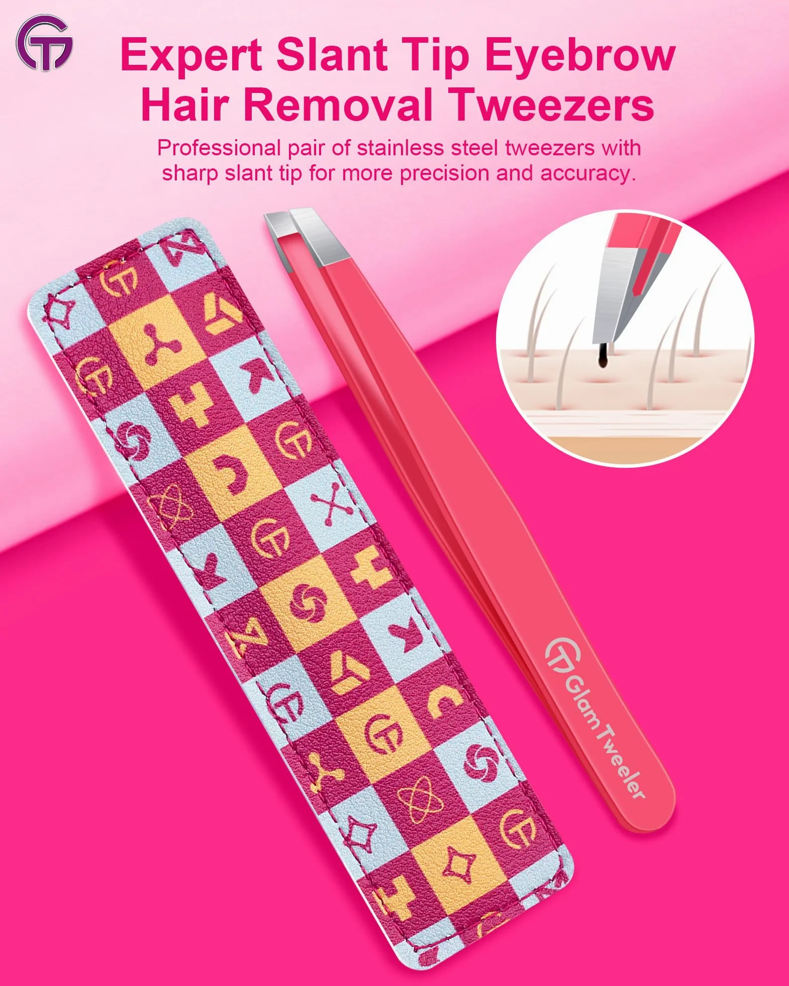 GlamTweeler Expert - Pinzas de depilación de cejas con funda de cuero, punta inclinada de alta precisión, pinzas de acero inoxidable para hombres y mujeres (rosa intenso)