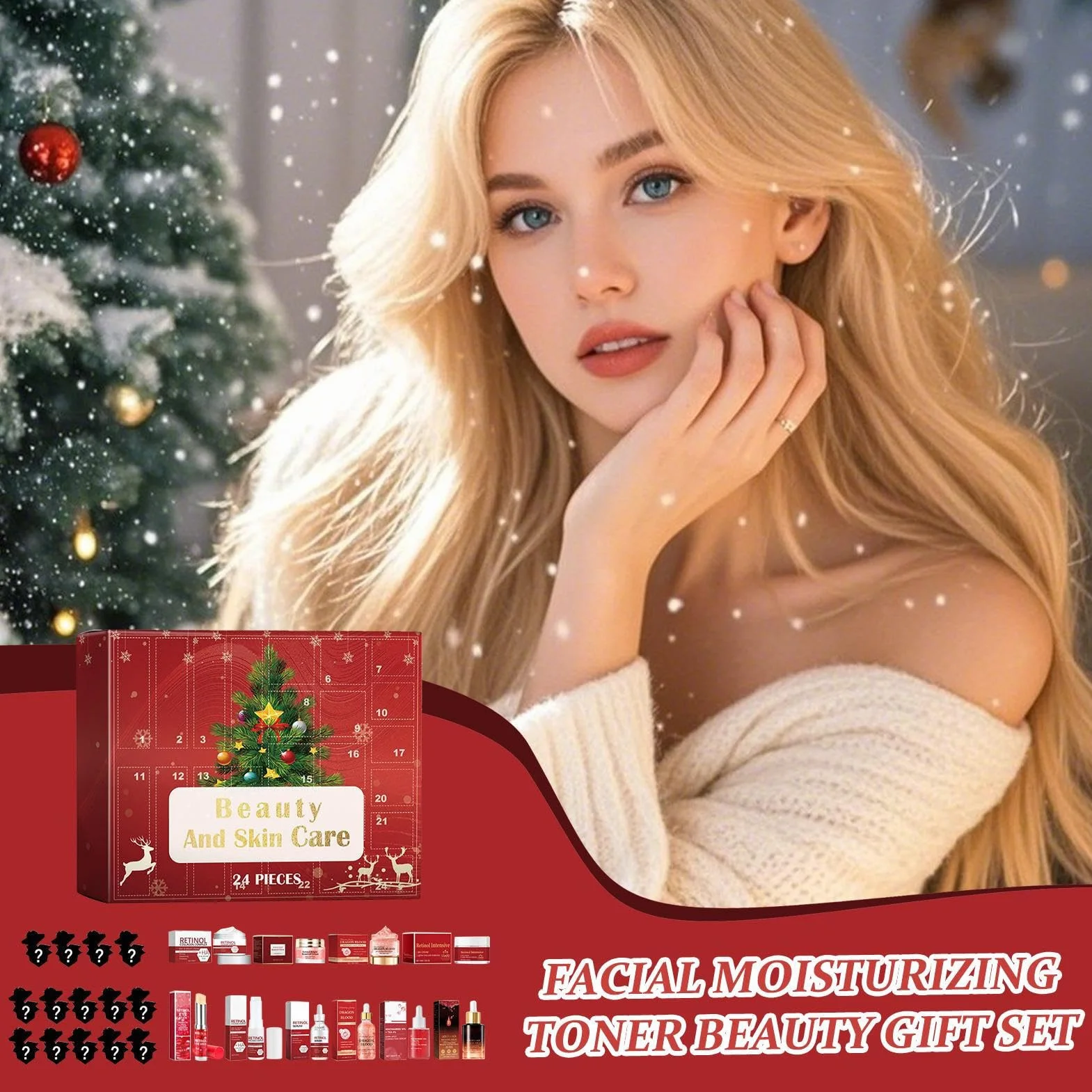 Calendario de Navidad de Adviento – Kit de crema facial para el cuidado de | la piel, juego de belleza navideña para baño diario y rutina corporal, regalo para mujeres y hombres, cumpleaños, Navidad
