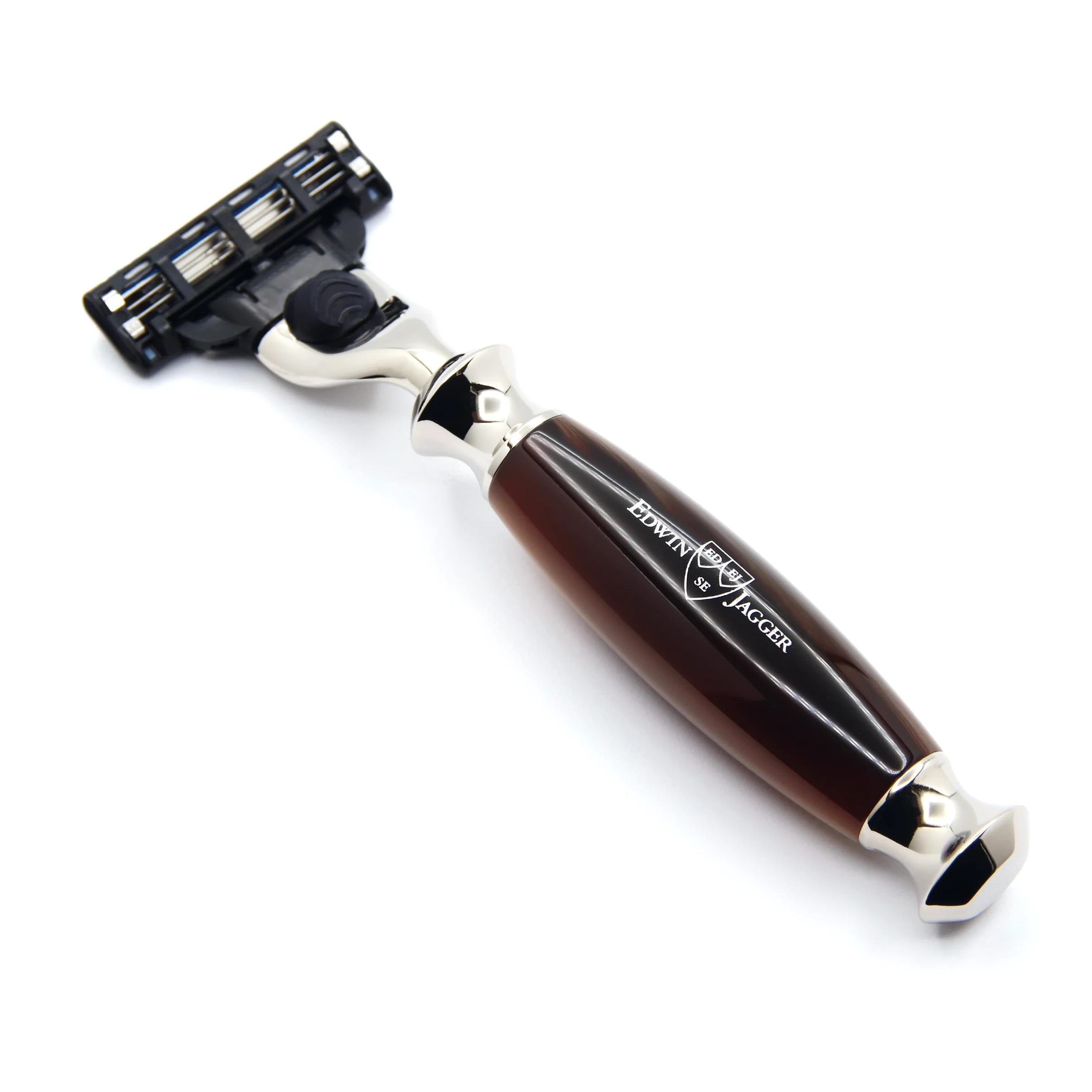 Edwin Jagger R352AMZ Maquinilla De Afeitar Mach 3 Clásica Con Mango Sintético Niquelado, Manual Y Reutilizable, Para Hombres Y Mujeres, Para Crema De Afeitar O Jabón (Imitación Cuerno)