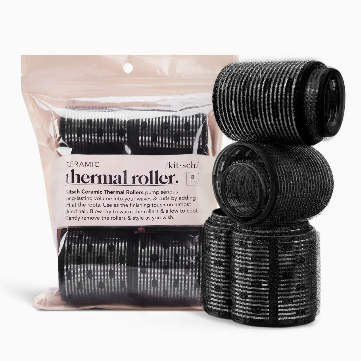 Kitsch Rodillos de pelo de cerámica, rodillos térmicos de autoagarre, rizadores de pelo, paquete variado, 8 unidades (negro)
