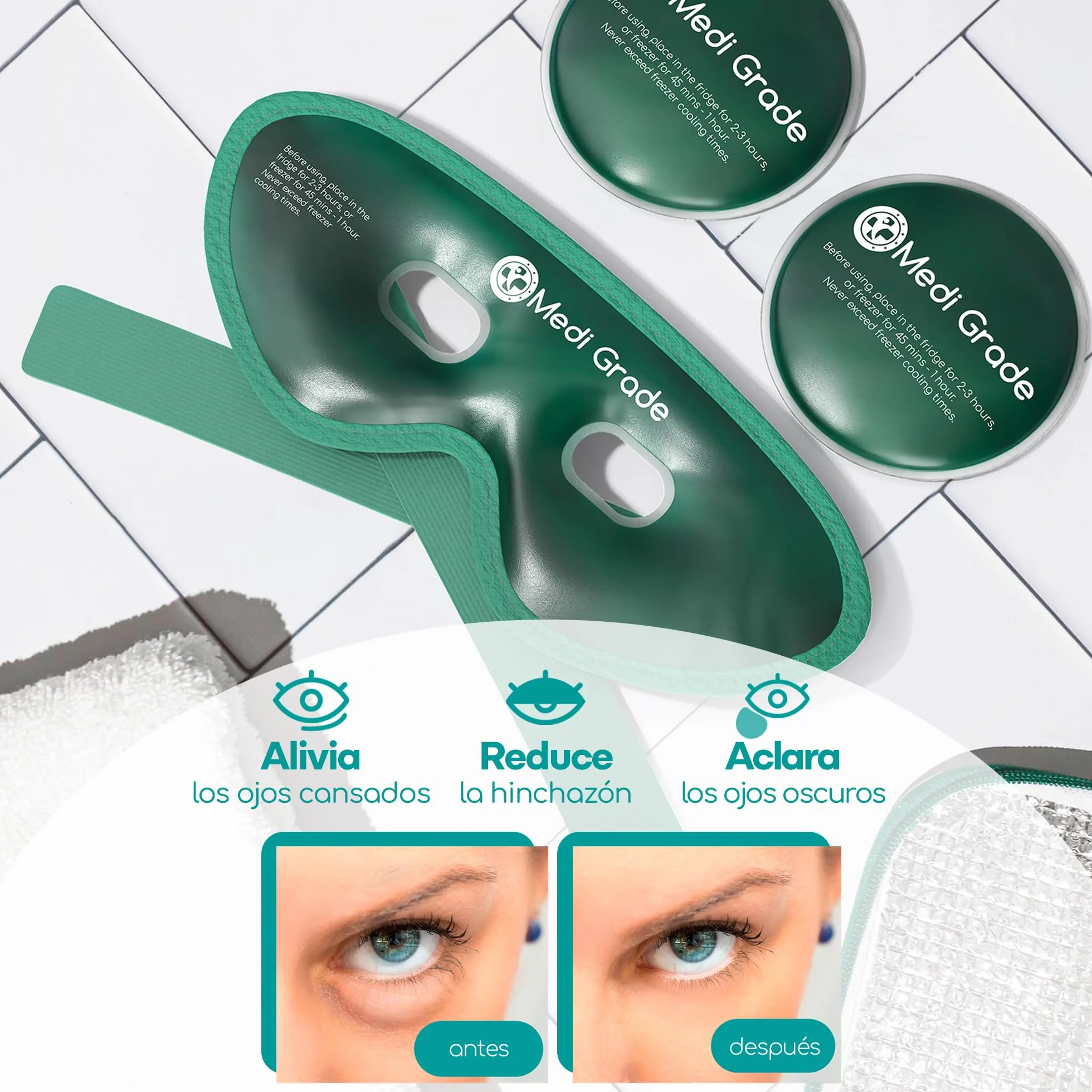 Medi Grade Antifaz de Gel Frío Reutilizable para Ojos, 2 Parches y Neceser