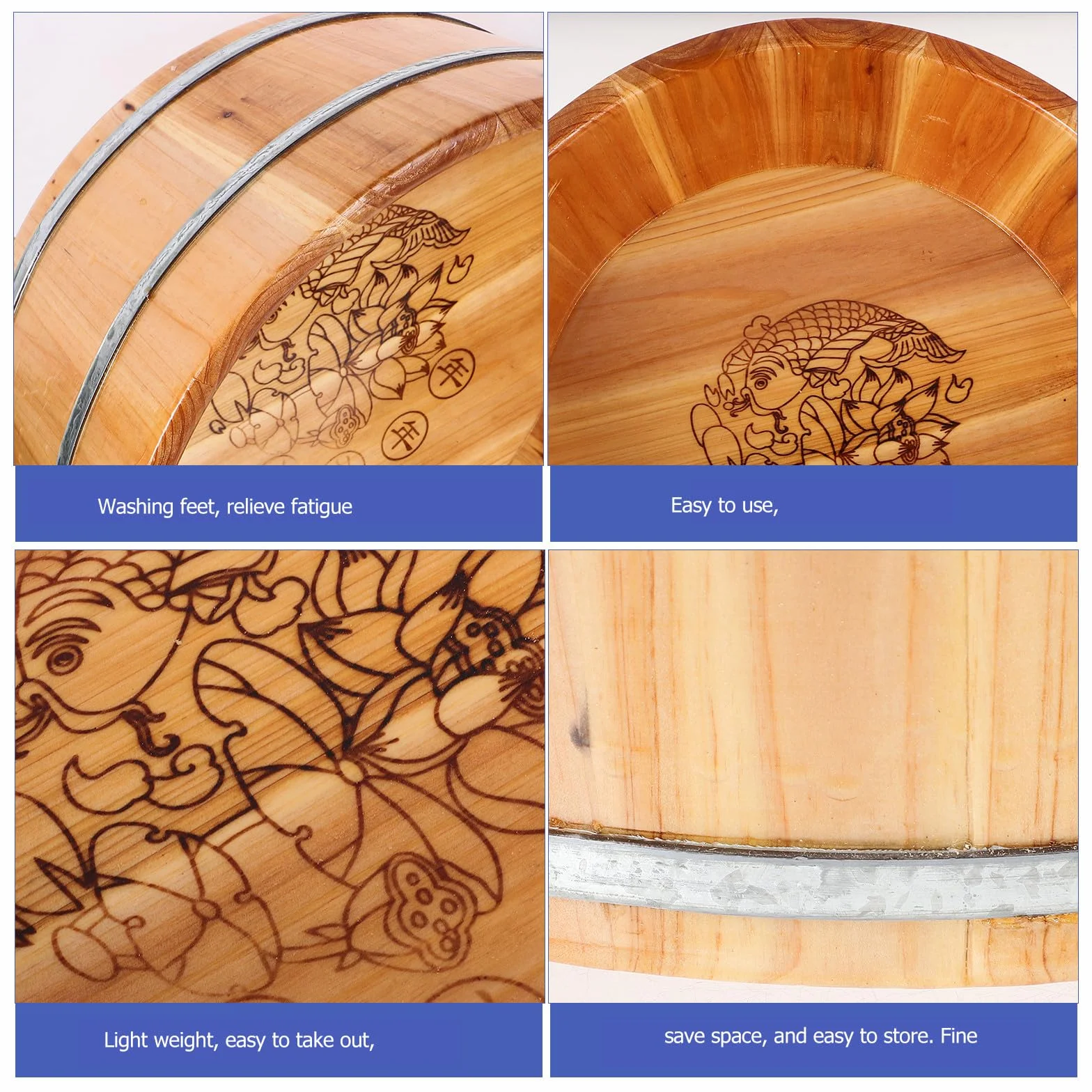 GANAZONO Cubo Reutilizable de Madera para Baño de Pies, Lavabo Multifuncional para Remojar Manos y Pies, Barril Spa de Madera Natural para Pedicura Hogar, Artículo de Cuidado Personal