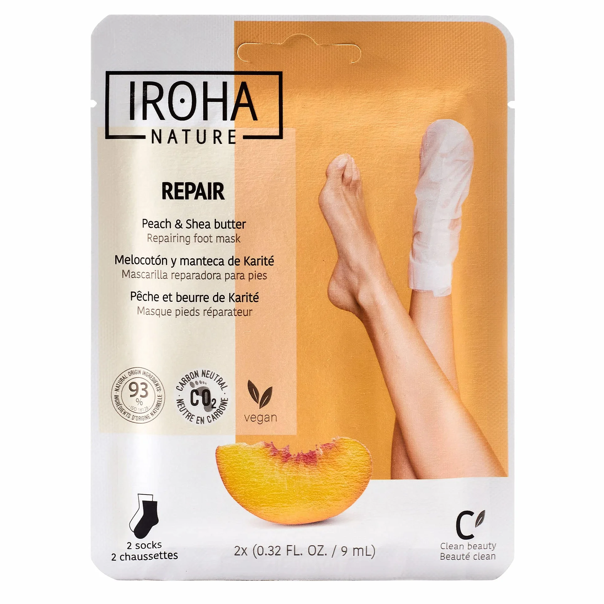 IROHA NATURE Calcetines Mascarilla Reparadores Melocotón Manteca Karité Hidratación Profunda Pies Secos Agrietados 100% Vegano