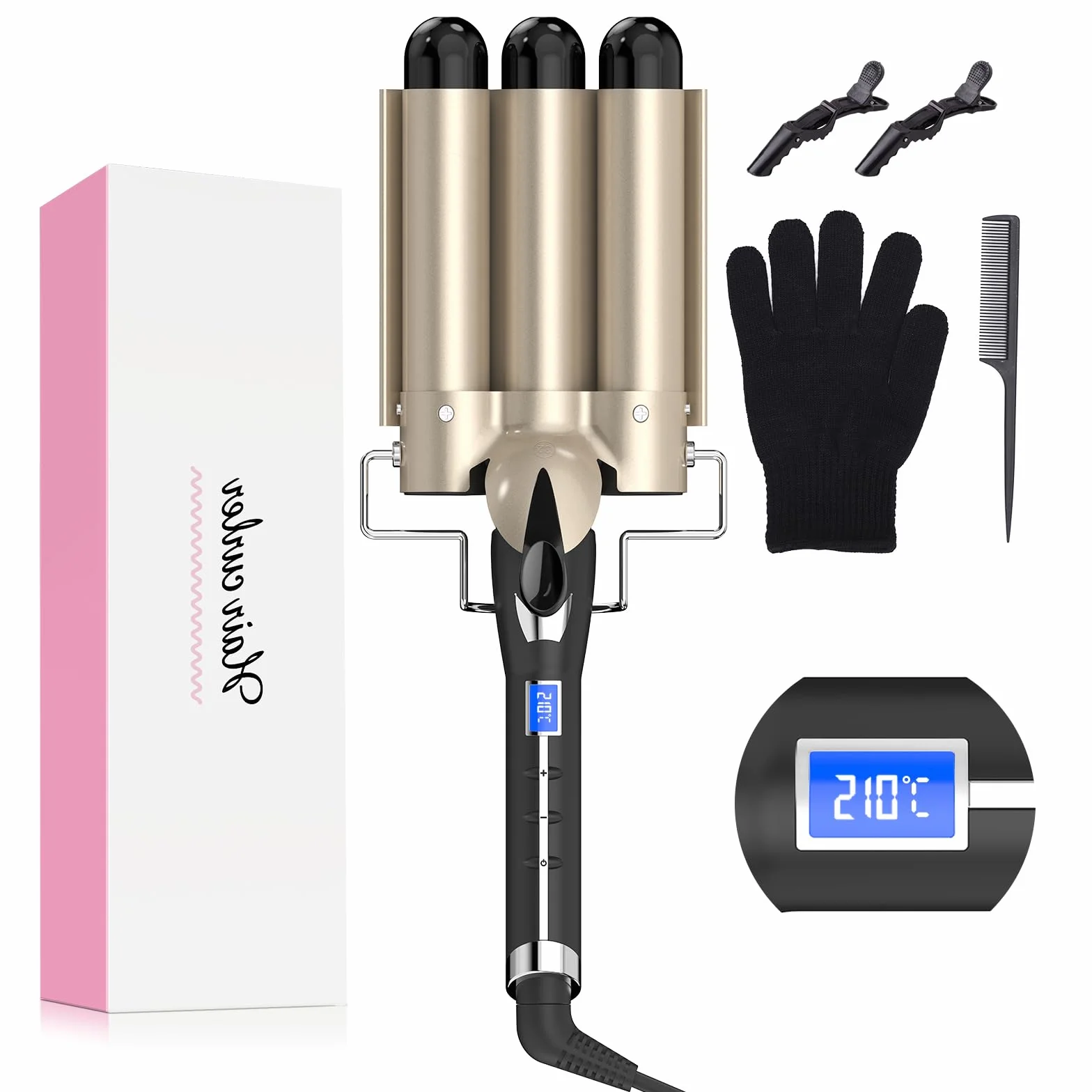 Rizador de pelo 32MM, AIMERVO ONDAS SUELTAS Plancha waves, Placas de cerámica y turmalina, Pantalla digital LCD 14 niveles de temperatura entre 80–210 °C, Desconexión Curler automática tras 60 minutos