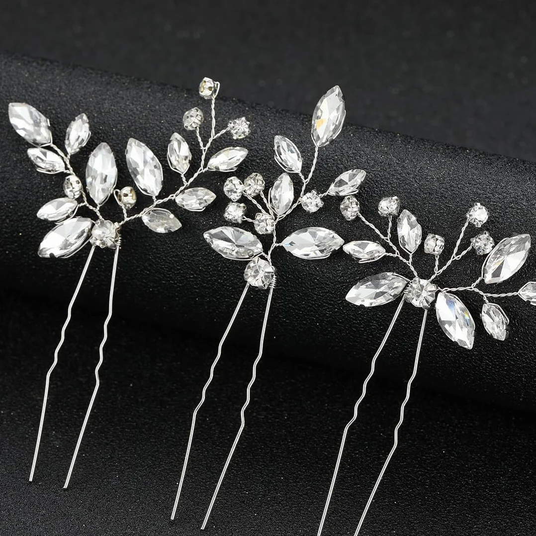 Horquillas de Novia Cristal Hoja para Boda, Moño Broches para Mujeres, Tocado Diamantes de Imitación Pinzas Pelo Accesorios