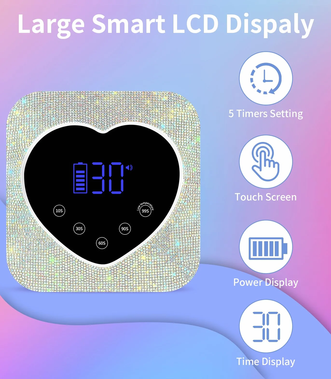HUGMAPLE Lámpara de uñas UV inalámbrica para uñas de gel de 72 W, secador de uñas LED de diamante recargable con 5 ajustes de temporizador, control táctil y sensor automático, lámpara de curado rápido