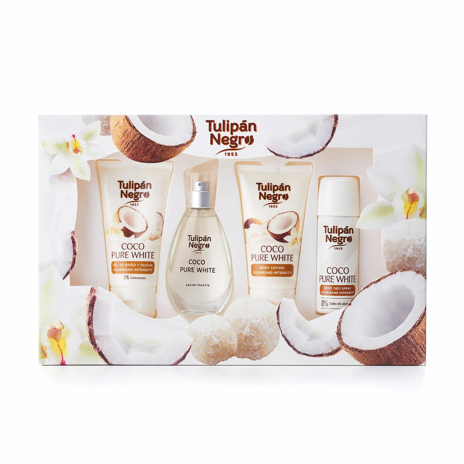 Estuche Tulipán Negro Coco Pure White Colonia 50 ml + Loción Corporal 75 ml + Gel de Baño 75 ml + Desodorante Spray 50 ml