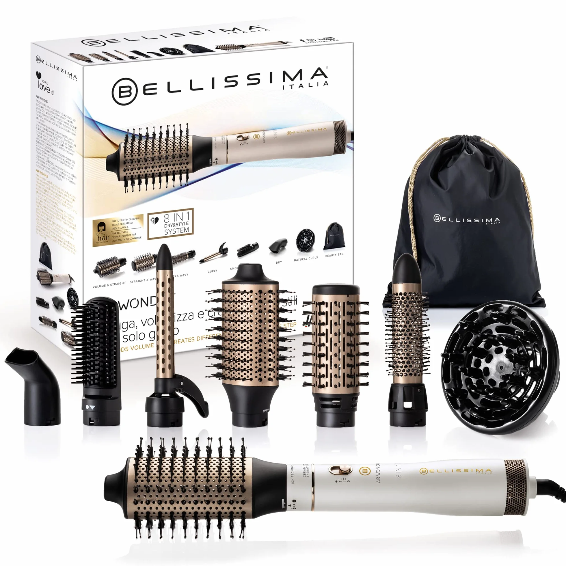 Bellissima Imetec Air Wonder Moldeador Cepillo de aire caliente 1000 W 8 Accesorios Blanco Satinado