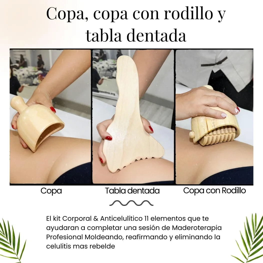 Pack Maderoterapia Corporal y Anticelulítico 11 Piezas | Ideal para Masajes | Fabricados en Madera de Pino y Loto Natural I Diseñados por Maderoterapia Estética España