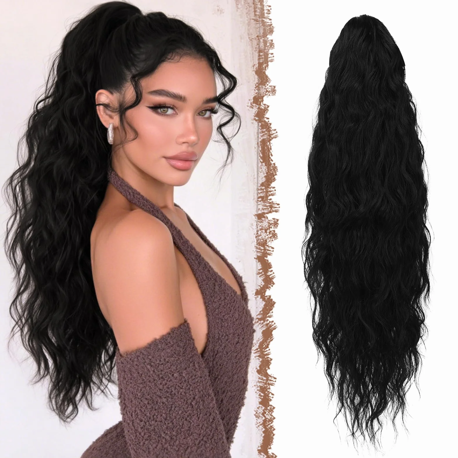 FESHFEN Coleta Pelo Natural 65 cm Negro Ondulado Rizado Sintética Extensiones para Mujeres