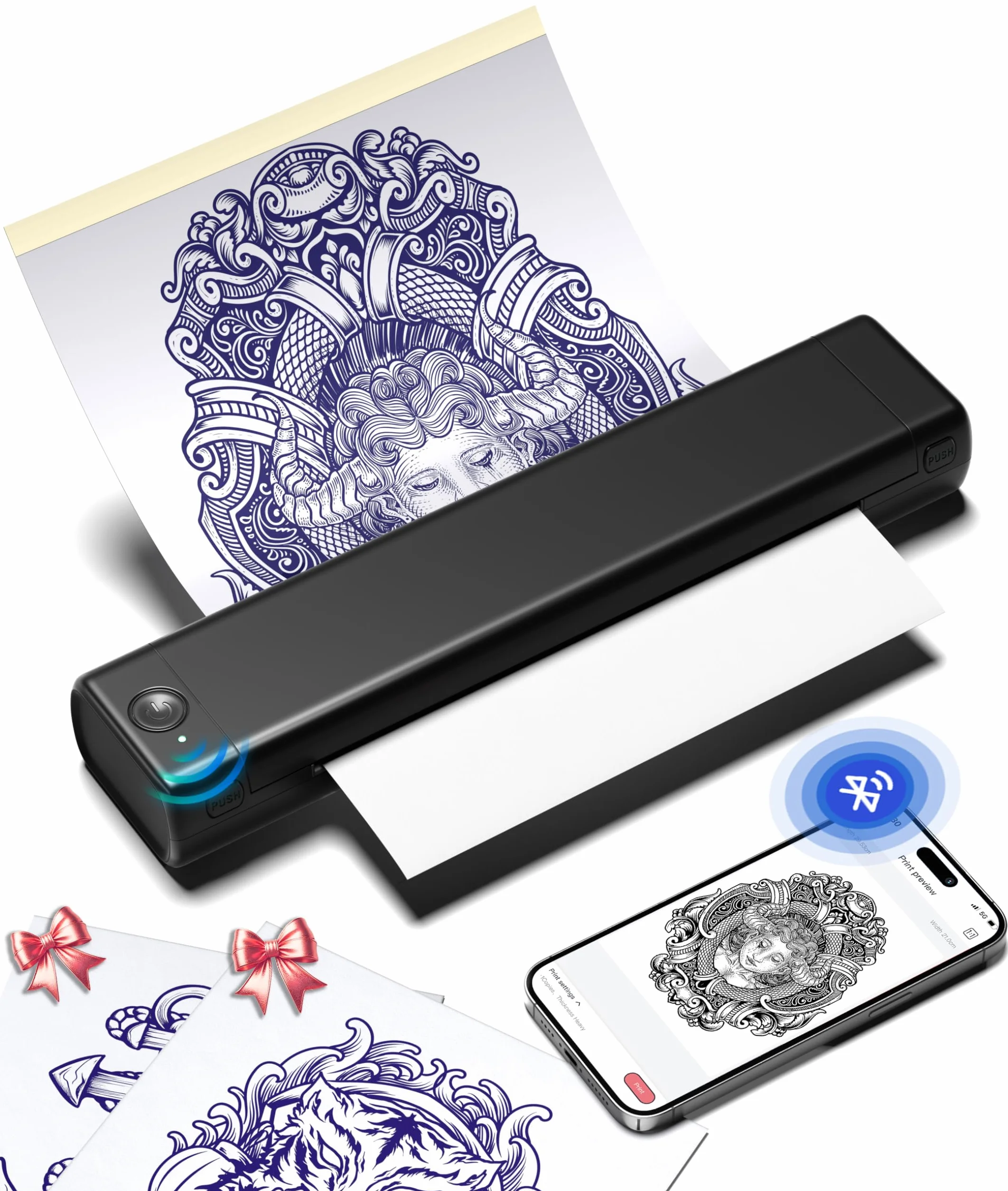 Phomemo M08F Impresora Tattoo Termocopiadora Impresora Máquinas de Tatuaje con 10pcs Termocopiadora Tatuaje Papel de Tatuaje Compatible con Teléfono Tablet PC para Artistas y Principiantes, Negro